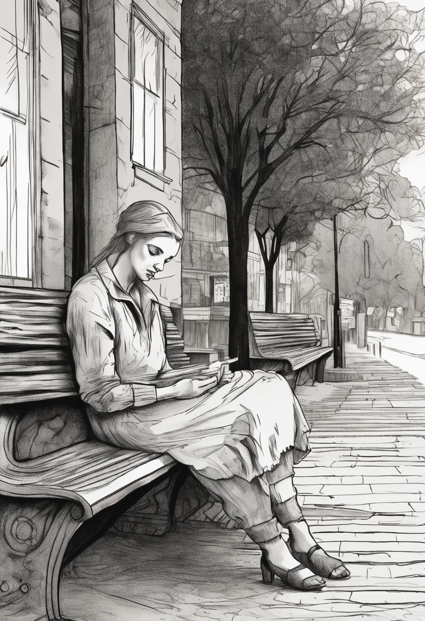 Draw a picture of a lonely woman, sitting on a park bench in the evening light. Your face is tilted down, partially hiding his features. Silent tears run down her cheeks and fall into her lap. His shoulders are hunched, and his hands are clasped in a crumpled handkerchief, enquanto ela luta para conter a tristeza que a consome. The surrounding landscape is tinged with soft shades of orange and pink, reflecting the sunset that is fading over the horizon