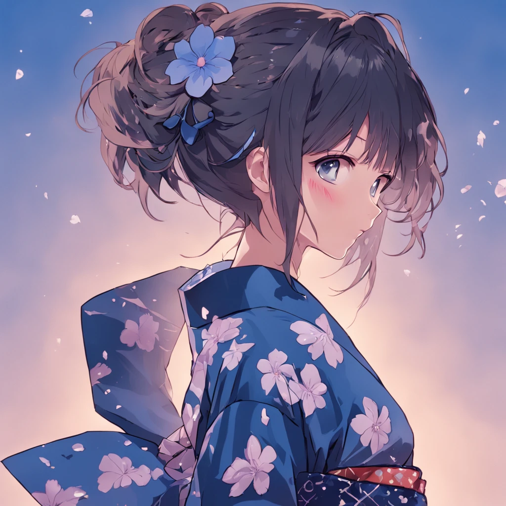 A single anime woman is looking at the camera, with black eyes and black tied up hair, wearing a navy blue flower petal printed yukata, is standing in front of a absolute icy blue background and is curiously looking at the camera with one of her eyebrow up in curiosity. This is a promotional picture. She is alone. SFW.