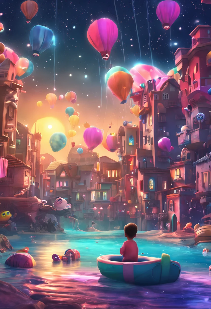 Stars shine，Colorful，Huge whales float over the city，Cute and cute，KIDS ILLUSTRATION，Glow effects，Dingdall effect，depth of fields，high light，Real light，Ray traching，oc rendered，Hyper-realistic，best qualtiy，8K，Works of masters，super-fine，Detailed pubic hair，Correct anatomy