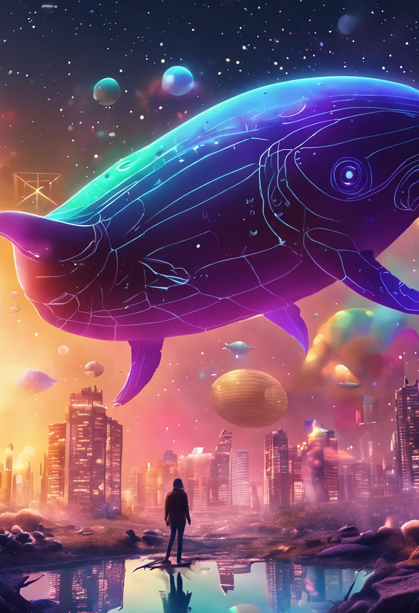 Stars shine,Colorful,Huge whales float over the city,Cute and cute,KIDS ILLUSTRATION,Glow effects,Dingdall effect,depth of fields,high light,Real light,Ray traching,oc rendered,Hyper-realistic,best qualtiy,8K,Works of masters,super-fine,Detailed pubic hair,Correct anatomy