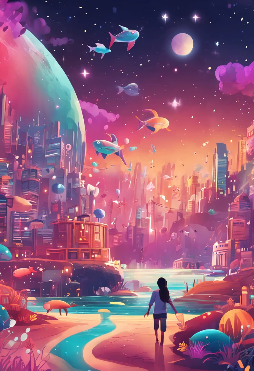 Stars shine,Colorful,Huge whales float over the city,Cute and cute,KIDS ILLUSTRATION,Glow effects,Dingdall effect,depth of fields,high light,Real light,Ray traching,oc rendered,Hyper-realistic,best qualtiy,8K,Works of masters,super-fine,Detailed pubic hair,Correct anatomy