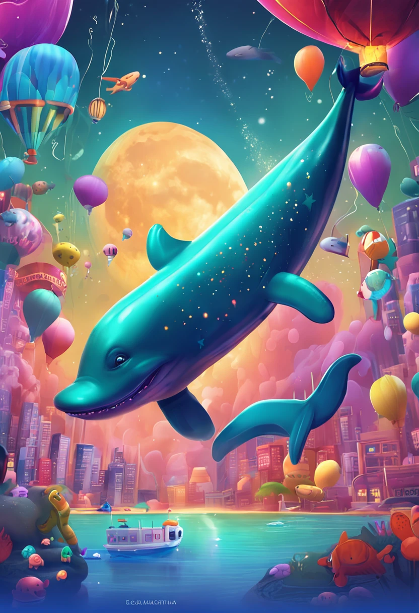 Stars shine,Colorful,Huge whales float over the city,Cute and cute,KIDS ILLUSTRATION,Glow effects,Dingdall effect,depth of fields,high light,Real light,Ray traching,oc rendered,Hyper-realistic,best qualtiy,8K,Works of masters,super-fine,Detailed pubic hair,Correct anatomy