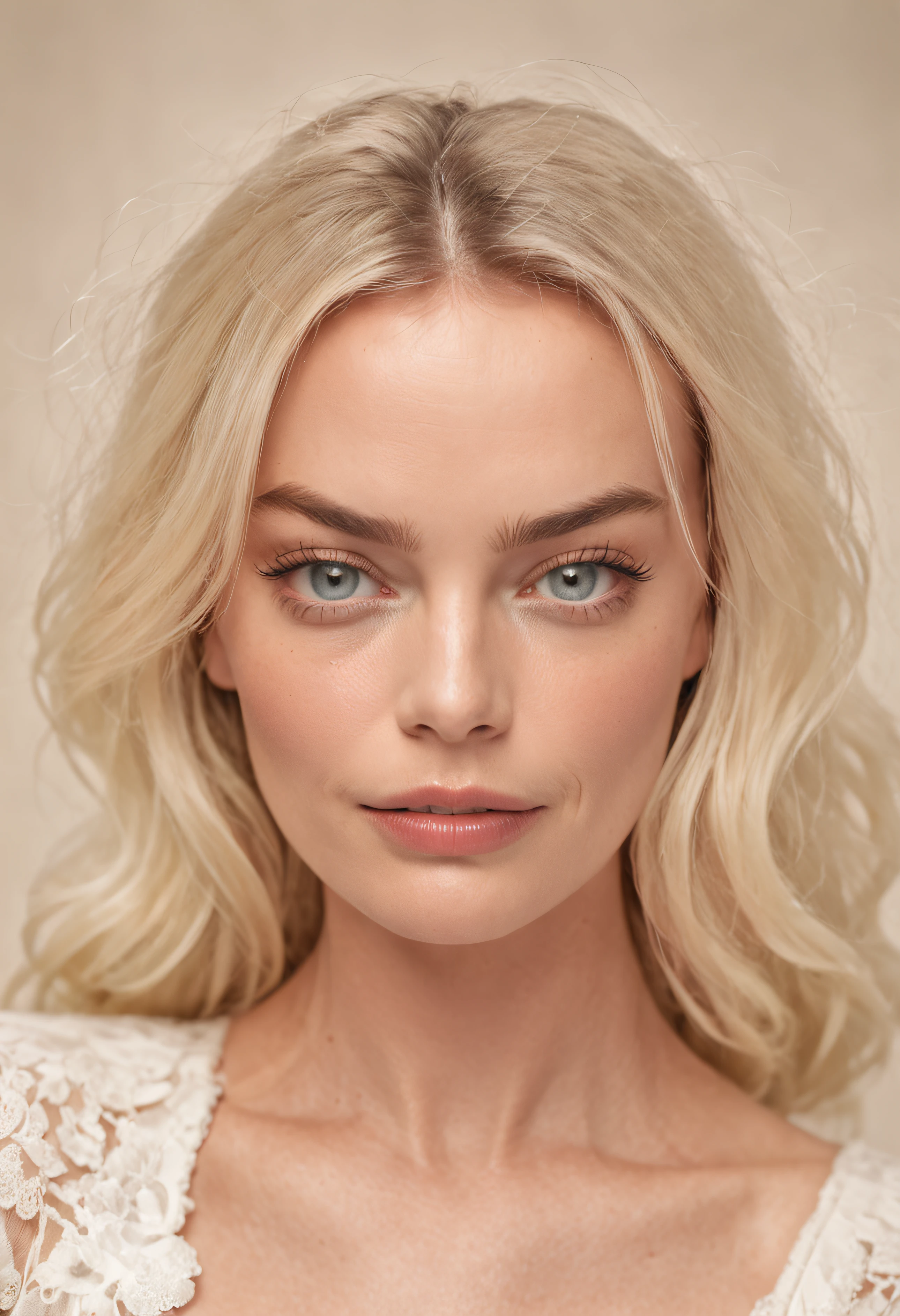 (Full body) Middle  aged homely Margot  Robbie;. white clothing that seems to meld seamlessly with her surroundings. Her hair is GREAT and her skin is SMOOTH w. (masterpiece)