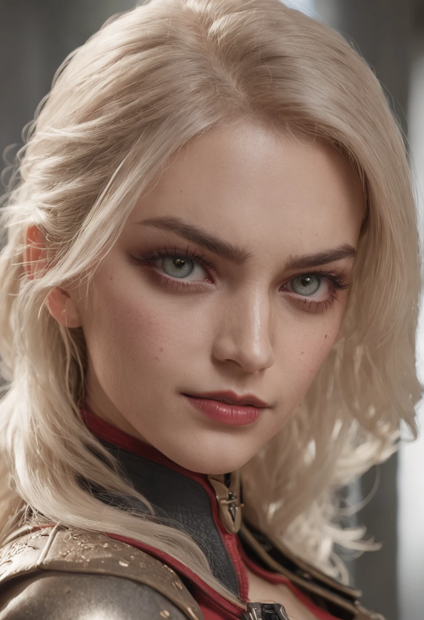 "(8k RAW photo, best quality, masterpiece:1.2) ultra-detailed official art, photo-realistic:1.37, upper body shot, DC Harleen arlequina, beautiful blonde, green eyes, film grain, action pose"