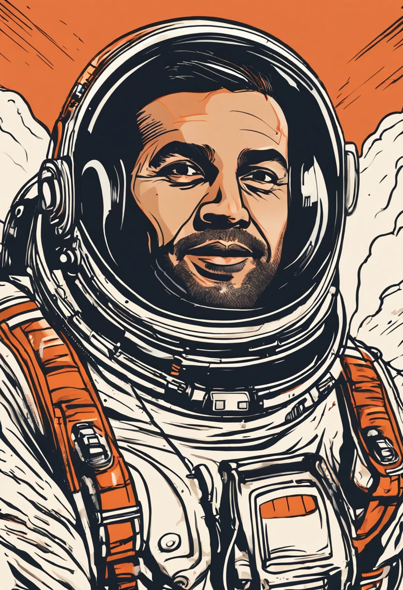 A Cosmonaut with a space suit and a oval face, aboard a spaceship, an indian man, smiling, use dark colors