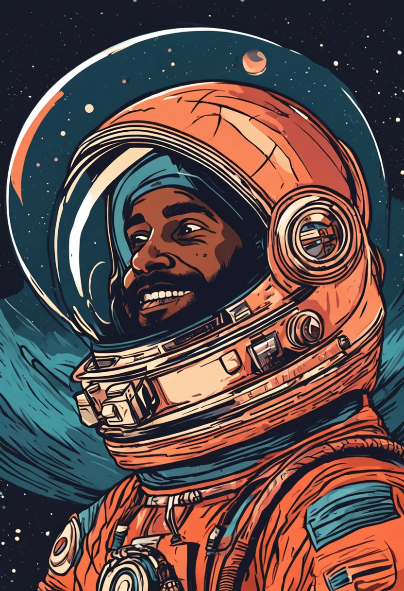 A Cosmonaut with a space suit and a oval face, aboard a spaceship, an indian man, smiling, use dark colors