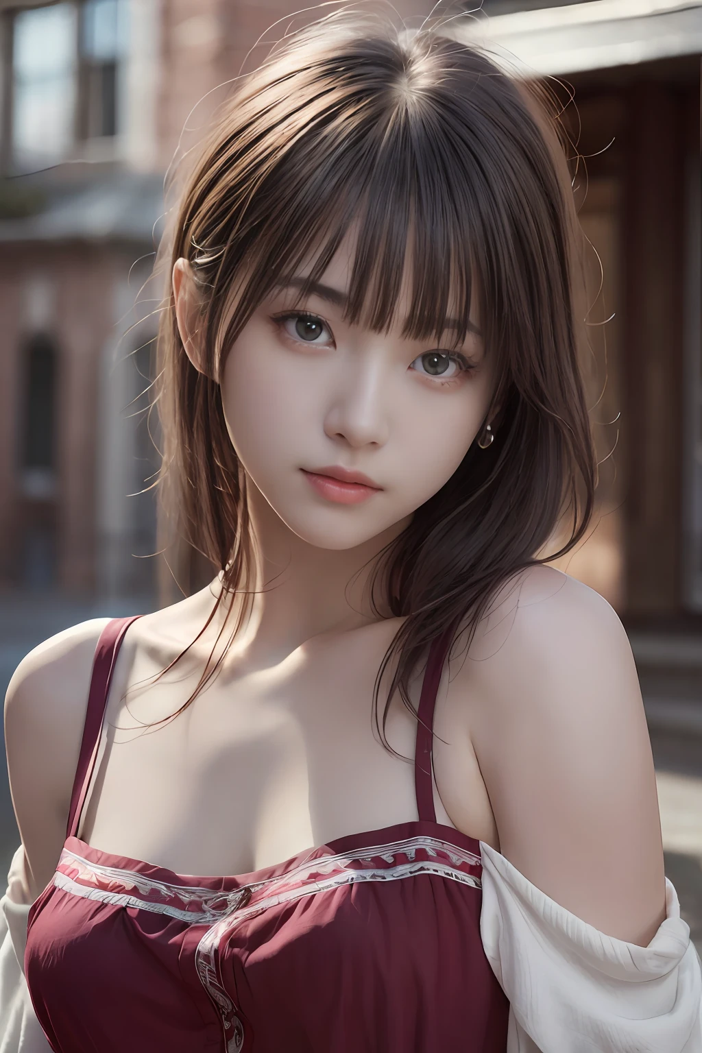 more skin, look, brown eyes, (light brown bangs:1.2),braided hair、long haired person、golden ratio face、thin eyebrows eyes、detailed nose、detailed mouth、fine hands、(Photoreal:1.4), (best image quality:1.0), (ultra high resolution:1.0), 8K, RAW photo, (masterpiece:0.2), beautiful night, Cheerful and happy, Sunny, analog style, (skin texture, film grain), cinematic light, side light、(:1.4), adjusted chest, Facial expressions waiting for a kiss,bright lighting, from the chest up