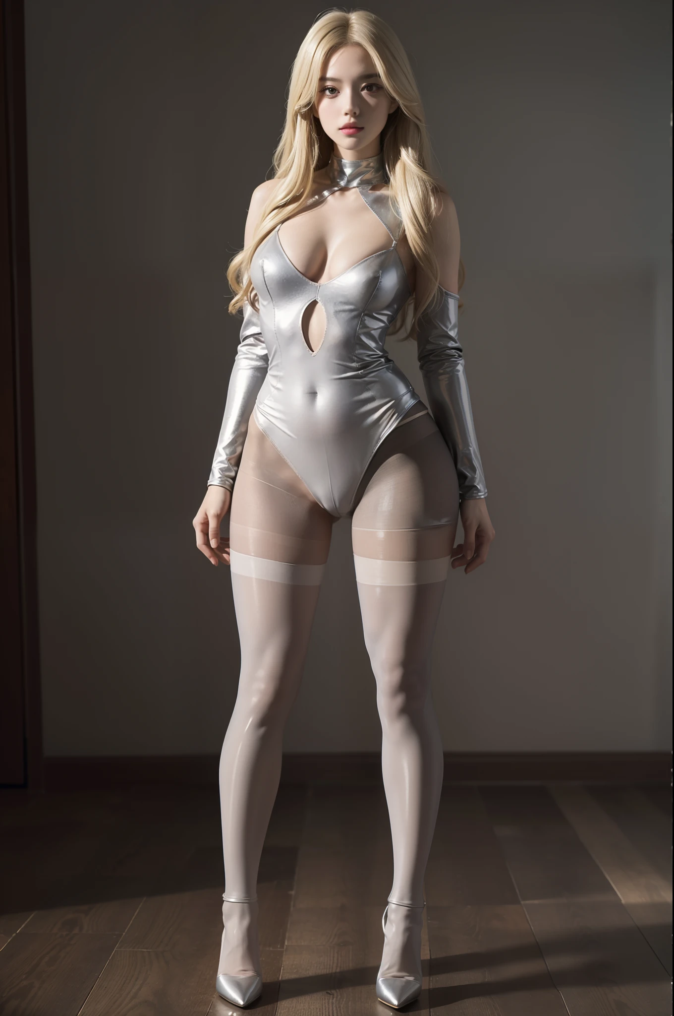 (full body:1.5)，(1girl:1.3),(view the viewer:1.4)，(anatomy correct:1.4),(Opaque pantyhose and pointed thick heels :1.3),(Dancing in the hospital:1.2),(Wearing a Medieval Silver Plate Armor:1.2),(Extra Long blonde Hair:1.2),(Accurate and perfect face:1.3),(Long legs and big feet:1.3),hyper HD, Ray traching, reflective light， structurally correct, Award-Awarded, high detail, lighten shade contrast, Face lighting ，cinematic lighting, masterpiece, super detailing, high quality, high detail, best quality, 16k，High contrast,