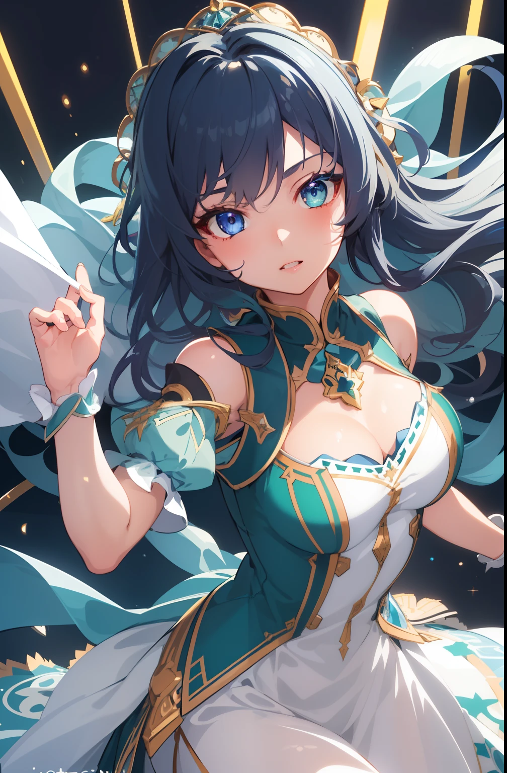1 girl, solo, high-quality masterpiece, intricate CG details, stunning 8K wallpaper, meticulously rendered character, vibrant dark blue hair, captivating heterochromia eyes (green left, blue right), elegant white captain dress