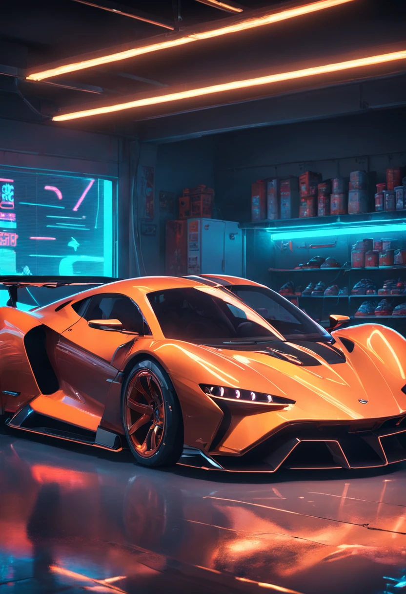 a close up of a sports car in a garage with a neon light, automotive photography, cyberpunk garage on jupiter, vehicle photography, sports , dramatic lighting and colors, hq 4k wallpaper, dramatic lighting render, futuristic product car shot,, daily render, captured on canon eos r 6, beautiful and cinematic lighting  front part