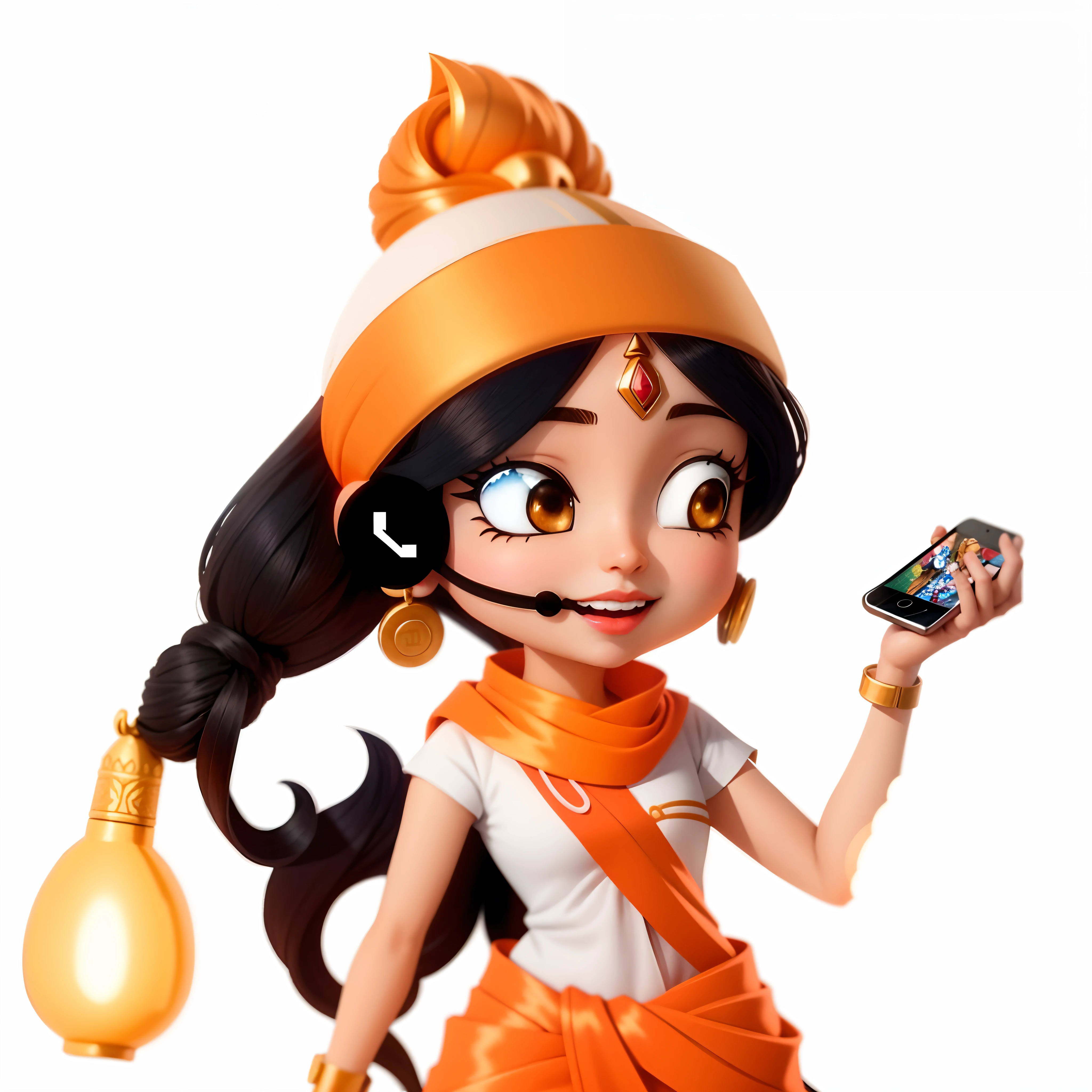 um close up de uma estatueta de uma mulher com celular com headset, render de uma  anime 3d bonito, Maya Ali Feiticeira, animation character, arte oficial do personagem, personagem bonito dos desenhos animados, Arte Oficial, menina bonita, Indian Goddess of Wealth, official character illustration, Hindu god, menina saiyaharacter is in his natural pose fiddling with his phone, cell phone in hand, fone de ouvido, telemarketing, atendente, pose olhando pra frente, olho no olho