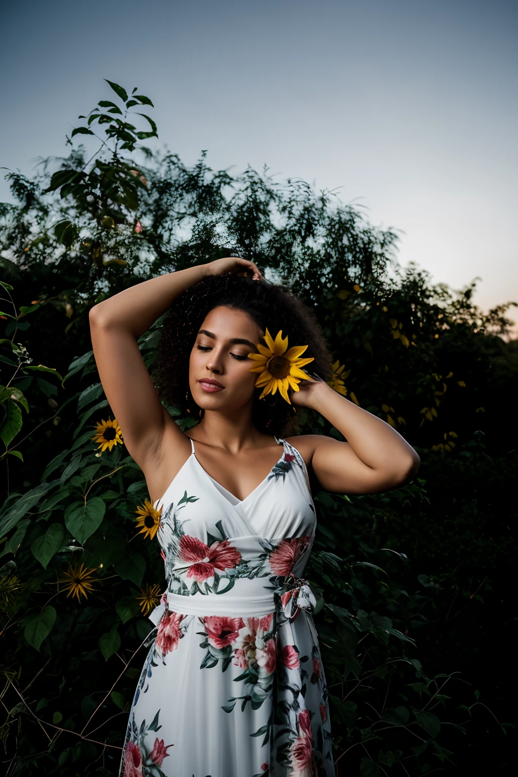 There is a black woman in a dress holding a sunflower in her hair, Tiro na Hora de Ouro, Tiro na Canon EOS R 5, Tiro na Canon EOS R5, Tiro na Nikon Z9, Retrato no meio da foto, Tiro em Sony A 7 III, Retrato retroiluminado, Na hora dourada, posing in dramatic lighting, Photographed with a camera flash, Durante a Hora Dourada, Estilo anime, cinemactic, Photo Session, Fotografado na lente de 25mm, profundidade de campo, Tilt Blur, Velocidade do obturador 1/1000, F/22, White balance, 32k, Super-Resolution, Pro Foto RGB, half rear lighting, luz de fundo, dramatic lighting, Incandescente, soft lighting, volumetric, Dia do Conto, global ilumination, Global Screen Space Illumination, Scattering, Sombras, Rough, Cintilante, Lumen reflections, screen space reflections, Diffraction Grading, chromatic aberration, Deslocamento de GB, Linhas de varredura, Ambient occlusion, antialiasing, FKAA, TXAA, RTX, SSAO, OpenGL-Shader, Post processing, post - production, cell-shading, Mapeamento de tons, .cgi, VFX, SFX, Insanamente detalhado e intrincado, Hiper maximalista, elegante, dynamic pose, fotografia, volumetric, ultra-detalhado, detalhes intrincados, super detalhado, ambient –uplight –v 4 –q 2