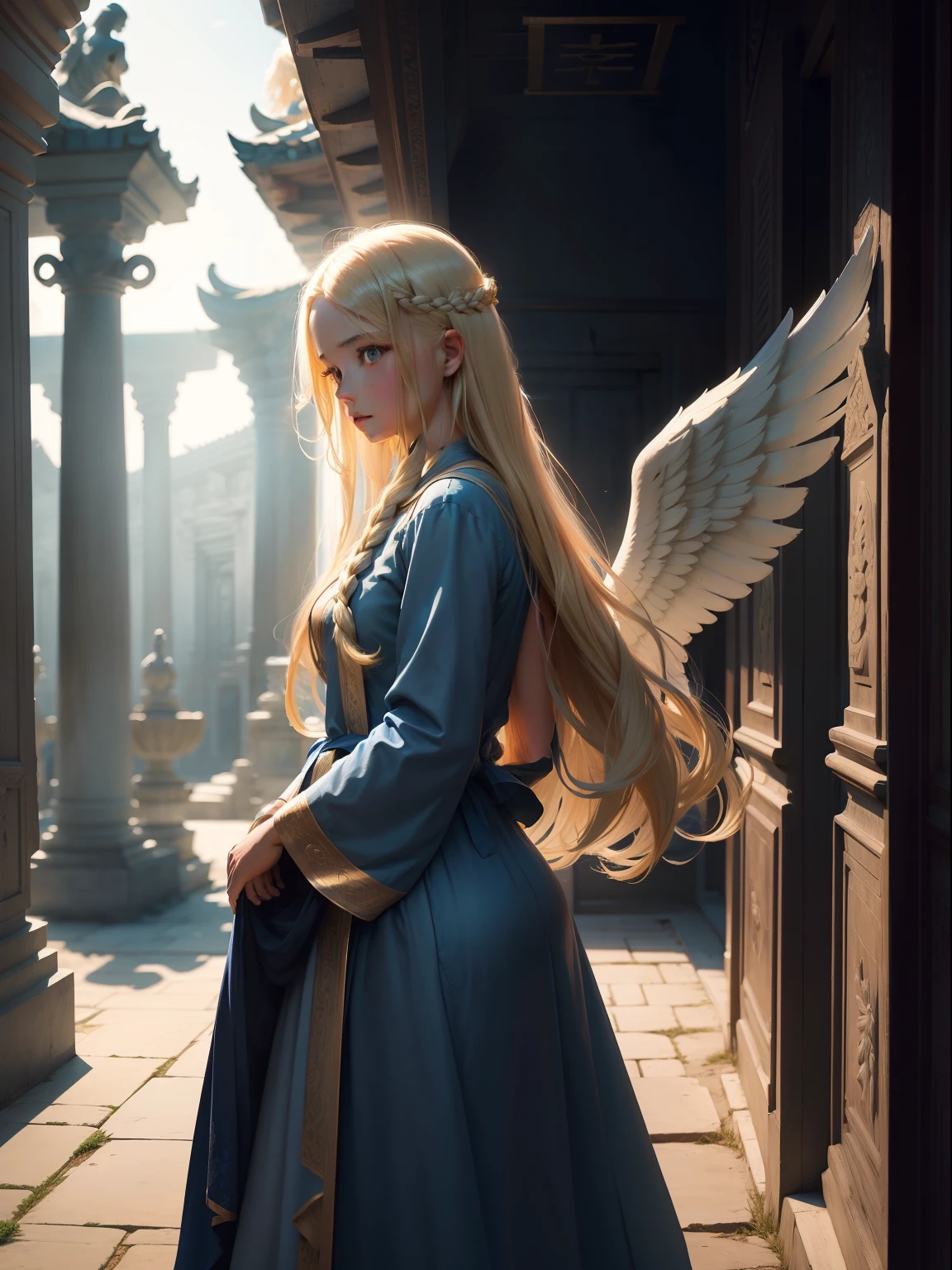 A girl with long blonde hair, in a long blue dress, in a Temple, behind her stands a Guardian Angel with her wings raised