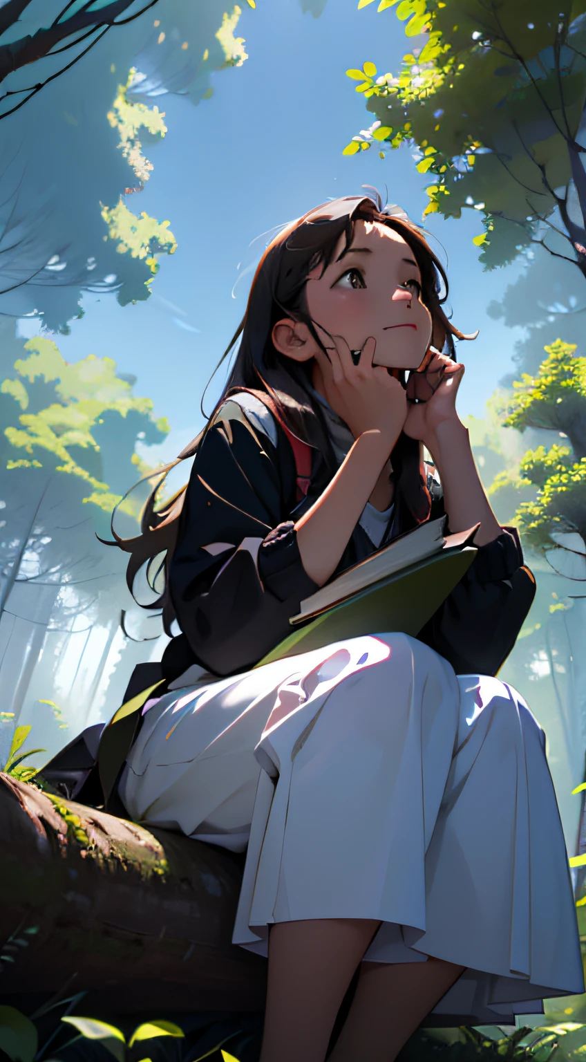 In the forest,Under a tree,A beautiful girl,holding books,Look up at the sky --auto