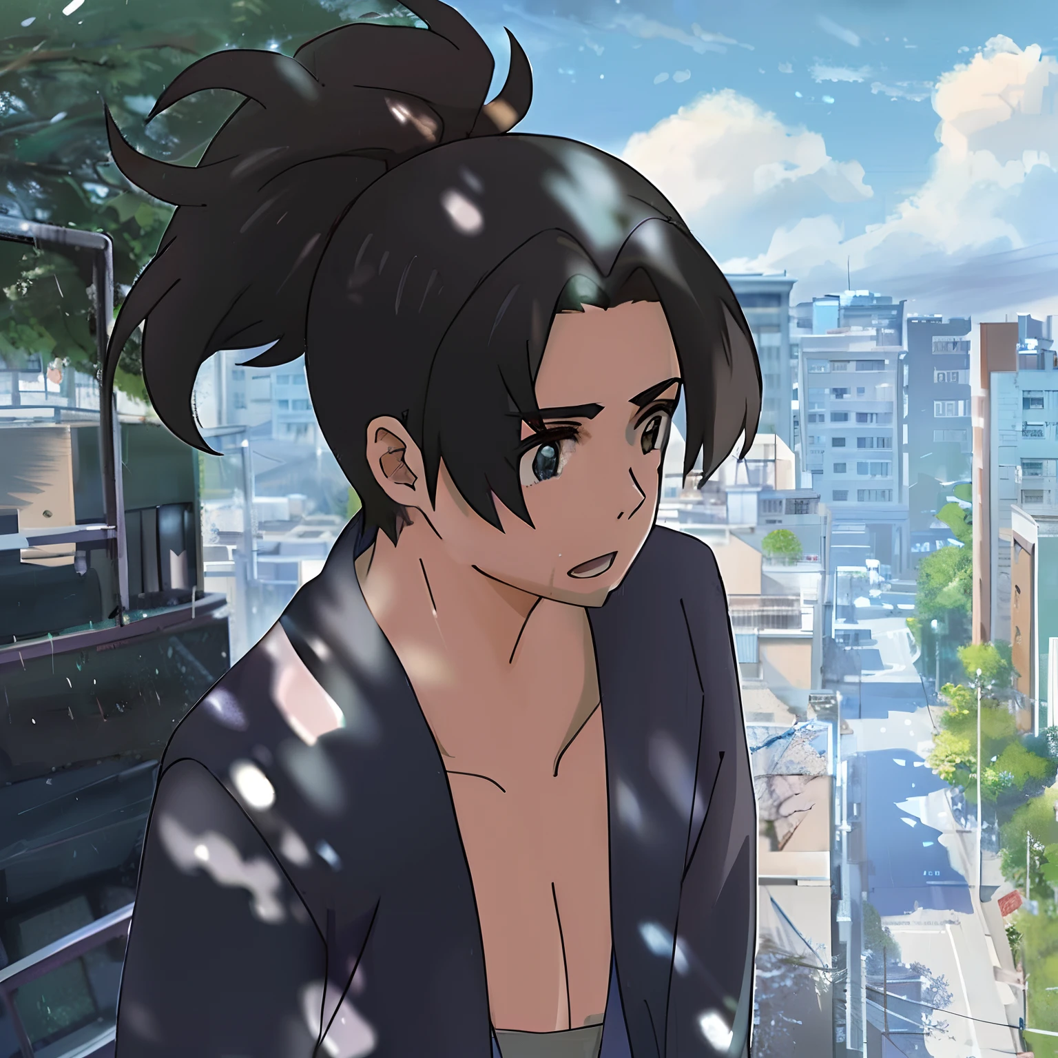 Anime girl with ponytailed hair standing on balcony in the rain, Shinkai Makoto style, makoto shinkai art style, Makoto Shinkai. —h 2160, Makoto Shinkai's style, in the anime film, ( ( Makoto Shinkai ) ), Makoto Shinkai. a digital rendering, in the style of makoto shinkai