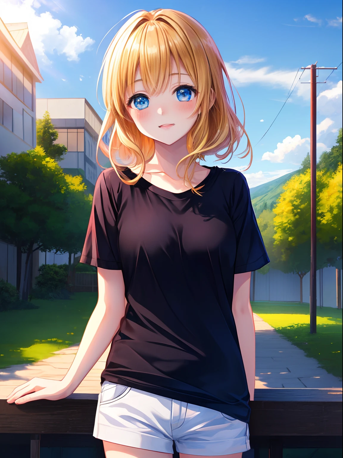 ((masterpiece+best quality+high resolution+illustration1.3+ultra 8k)), 1girl,((Mahiru Shiina)), blush, short yellow hair, silky hair, sharp and attractive eyes, blue eyes, black t shirt, outdoor, light shadow