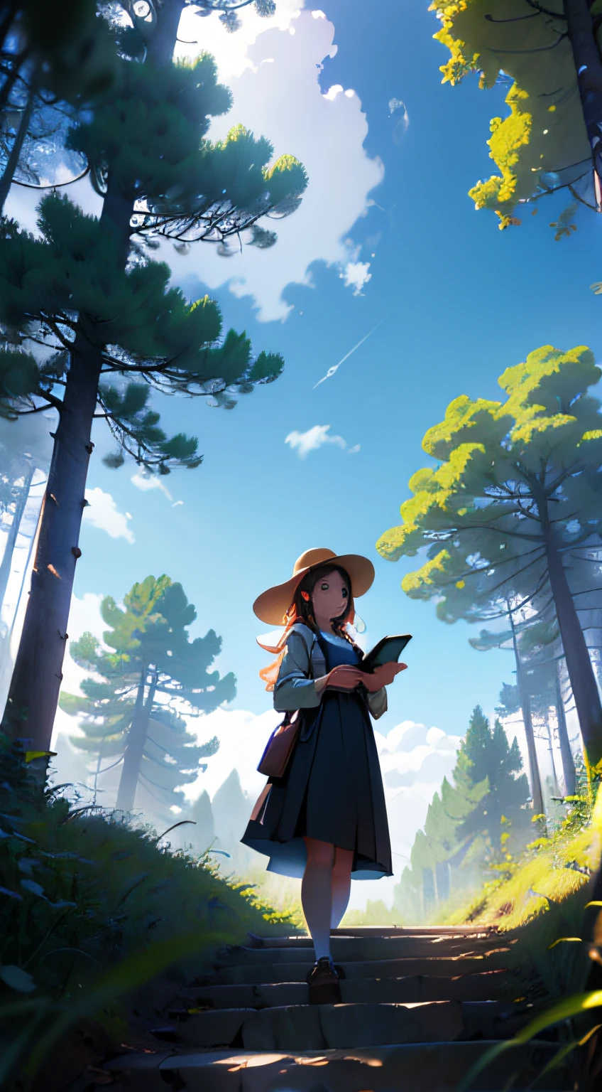 In the forest，Under a tree，A beautiful girl，holding books，Look up at the sky --auto