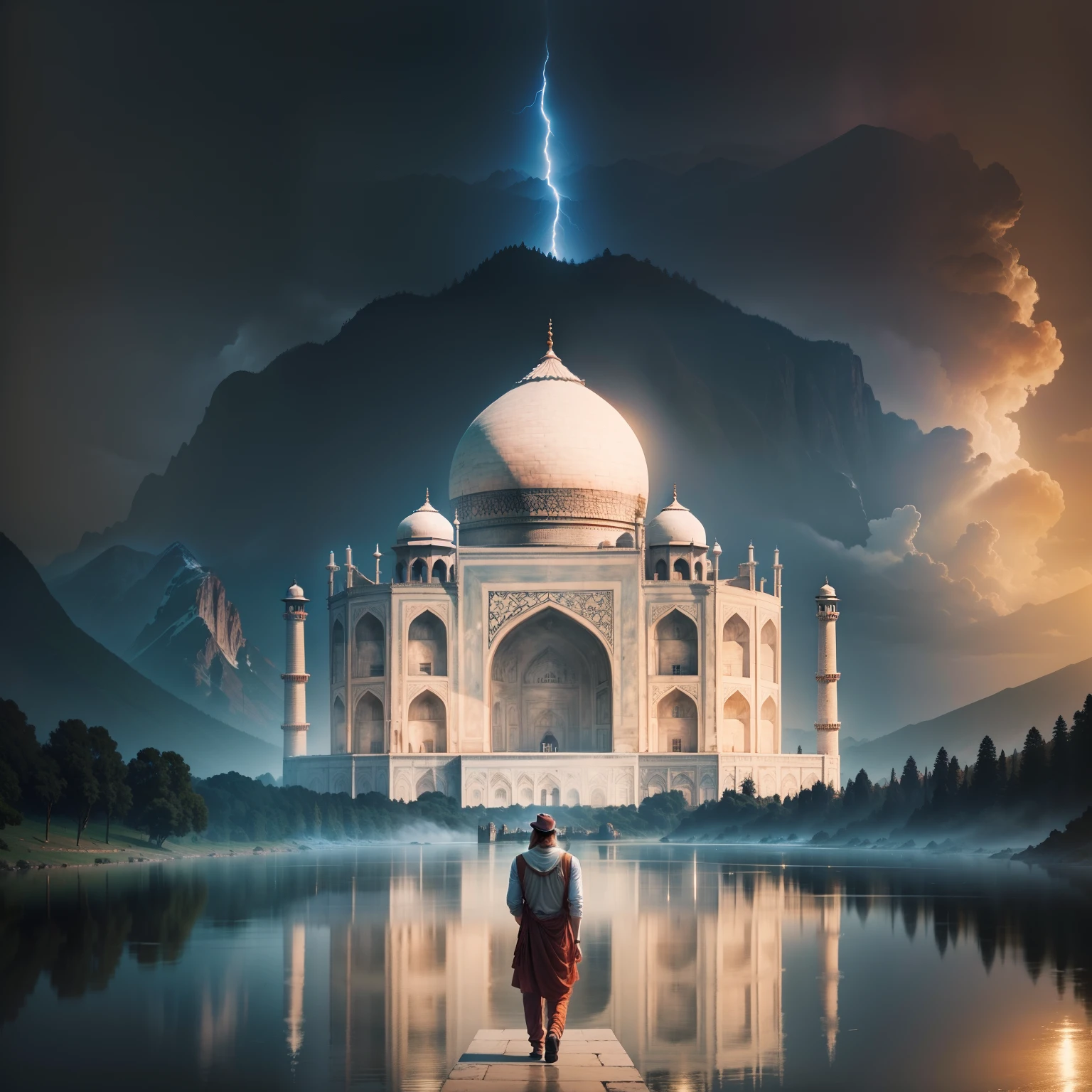 Taj Mahal, mountain, man walk, night, thunder storm, lake