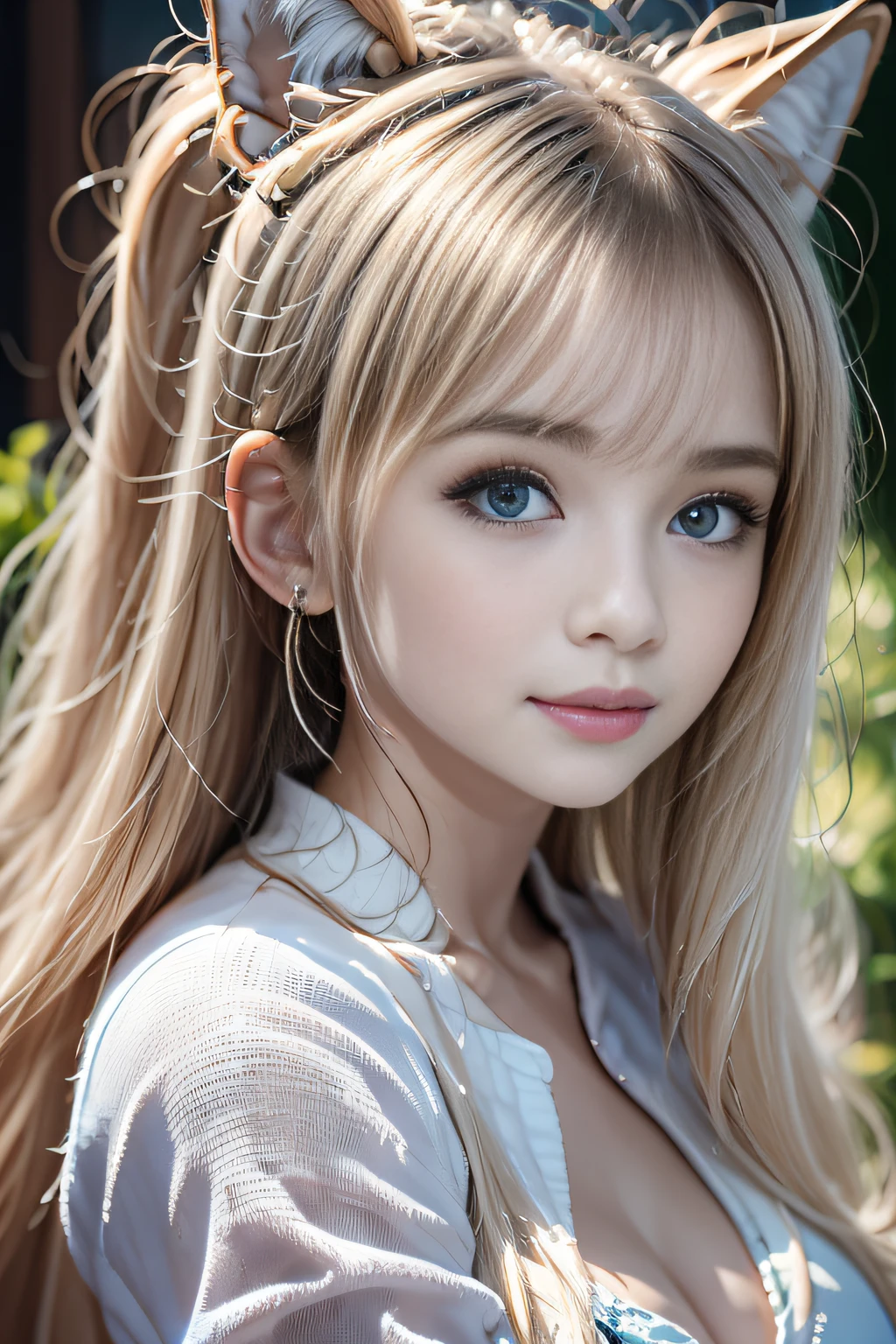A close up of a woman with long hair wearing a cat ears - SeaArt AI