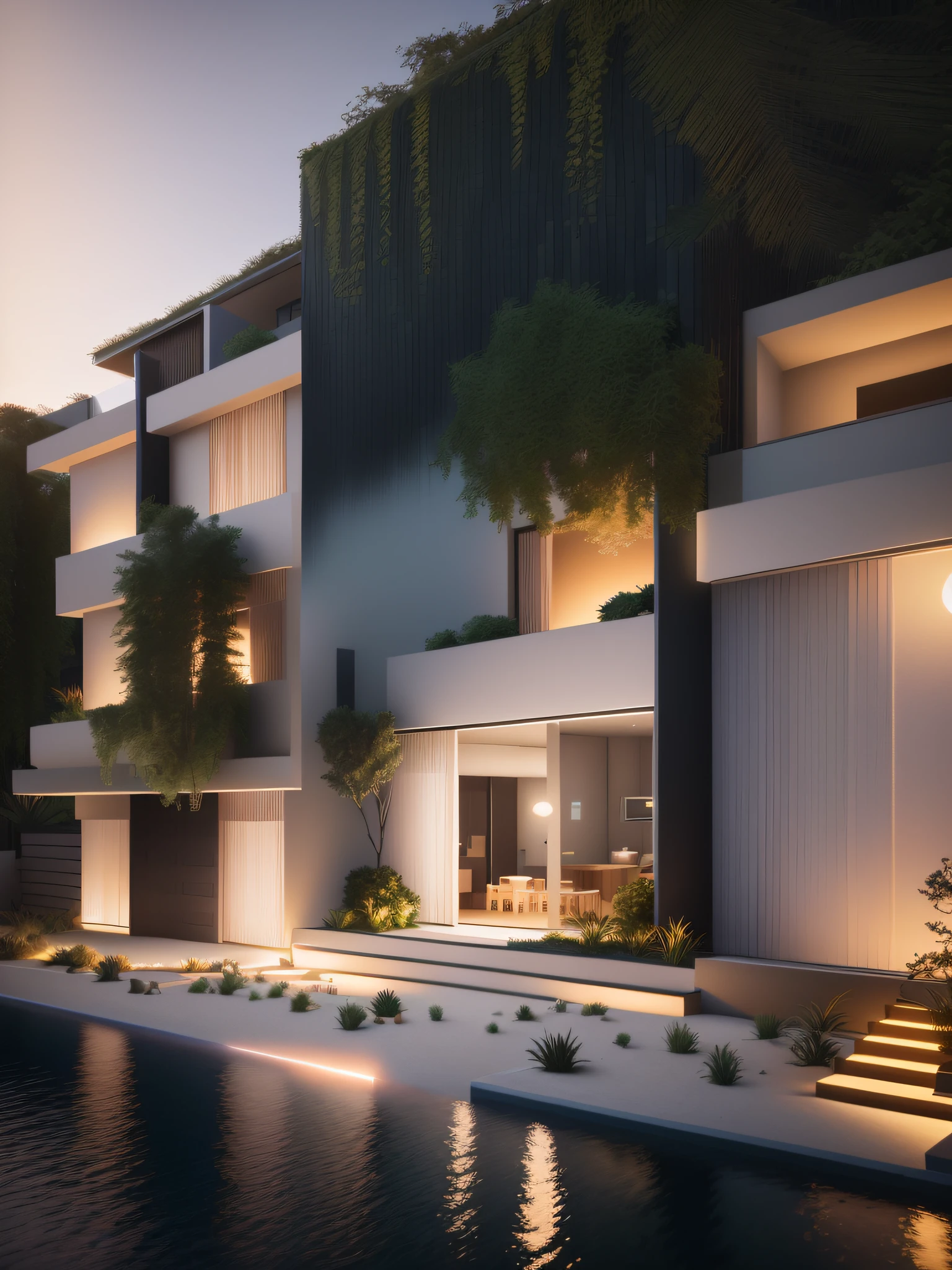 about the villa at sunset, beach villa, with shimmering lights, arafed model of a modern apartment building with multiple levels, night time render at 6:00 am o'clock, highly detailed render, rendered in lumion pro, semi - realistic render, 3 d render even lit, detailed archviz render, sunrise render or sunset render, architecture render, high render,hyper realistic, supper realistic, rendered in unreal engine 8k hq, rendered in Vray 8k,, fully detailed render, supper detail, brighteness sky, the people, beautyful day