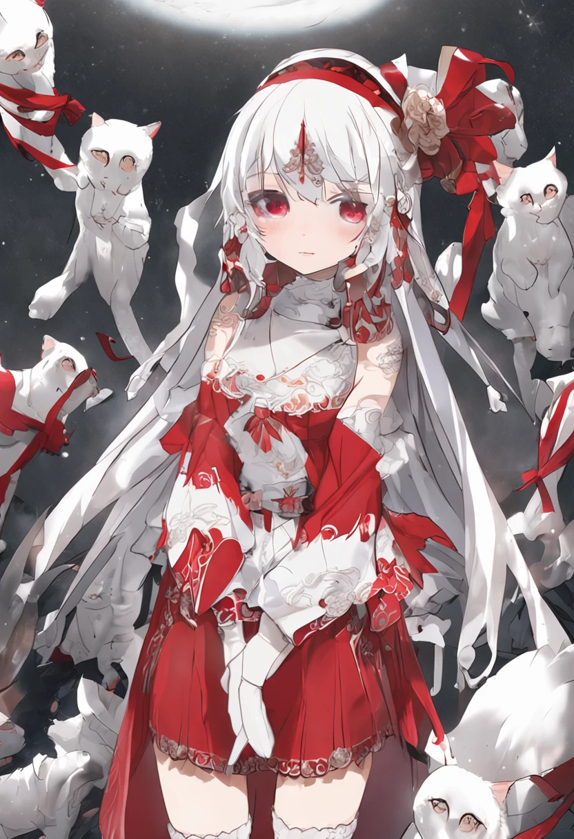 detailed skin textures， Beautifully detailed face，鎖骨，red dress，whaite hair，orient，snowfield，Aloof，schoolgirls，White skin and beautiful appearance，delicated，tmasterpiece