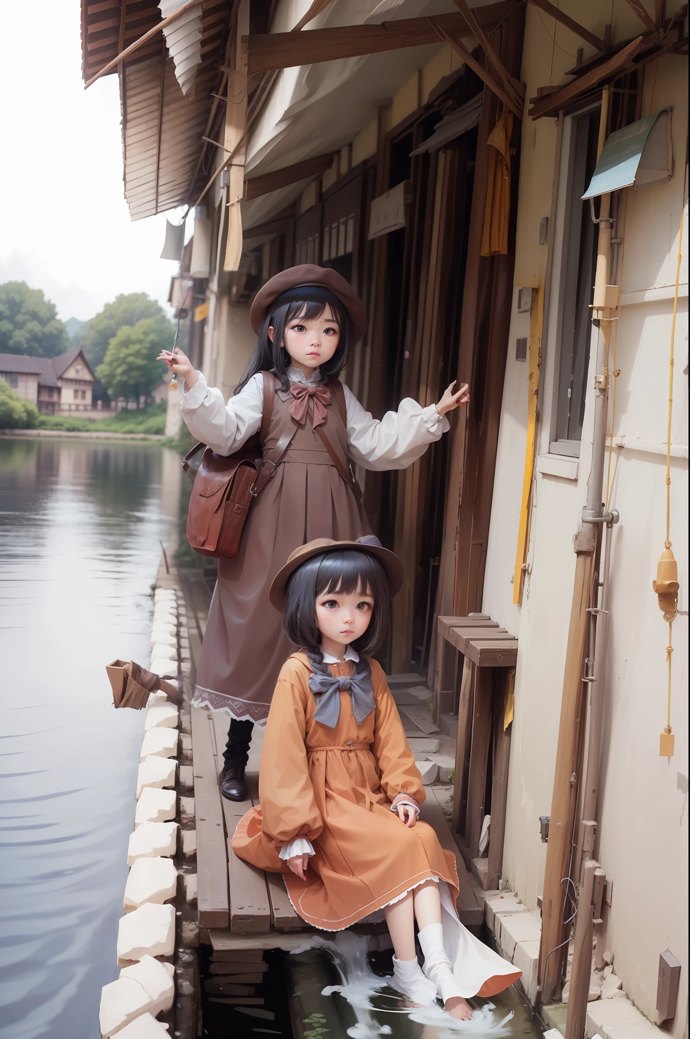 Top-down angle shooting,small bridge flowing water,The cowherd and the weaver girl meet on the bridge,(globalillumination,Ray traching,hdr,The rendering is not realistic,reasonable design,high detal,tmasterpiece,Best quality at best,hyper HD,cinmatic lighting)