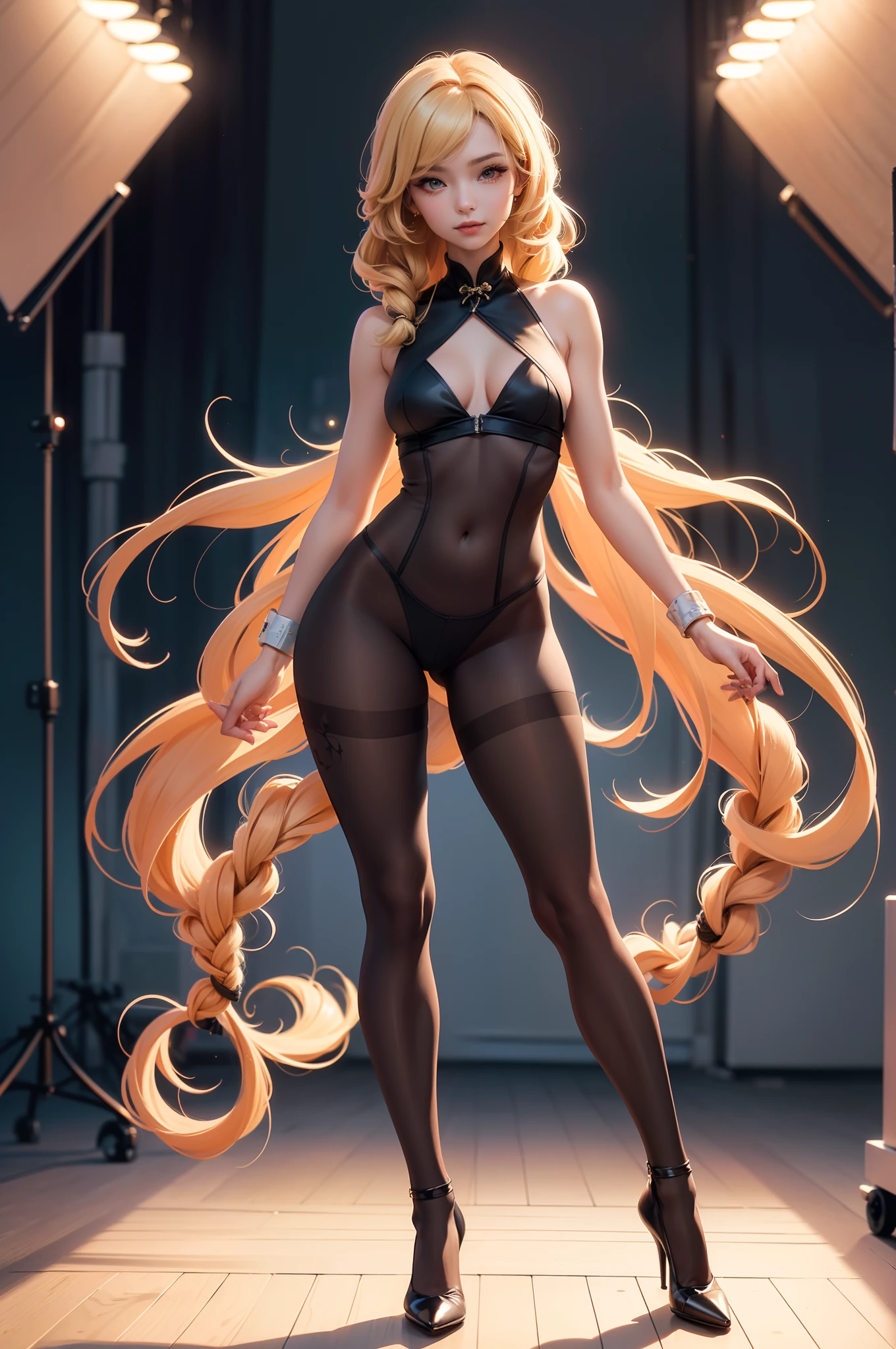1 Girls Official Art,统一 8k 壁纸,ultra - detailed,Beauty and aesthetics,tmasterpiece,best qualtiy,(Smiles and refined eyes),(s fractal art:1.3),1girll,The is very detailed,dynamic angle,(full bodyesbian:1.5),(1girll:1.3),(view the viewer:1.4),(anatomy correct:1.4),(Opaque pantyhose and pointed heels :1.3),(Dancing in the hospital:1.2),(Wears a chestless high-forked cheongsam:1.2),(Very long blonde hair:1.2),(Accurate and perfect face:1.3),(Long legs:1.3),hyper HD, Ray traching, reflective light, structurally correct, Award-Awarded, High detail, Fade shadow contrast, Face lighting ,Cinematic lighting, Masterpiece, super detailing, High quality, High detail, Best quality, 16k,High contrast,