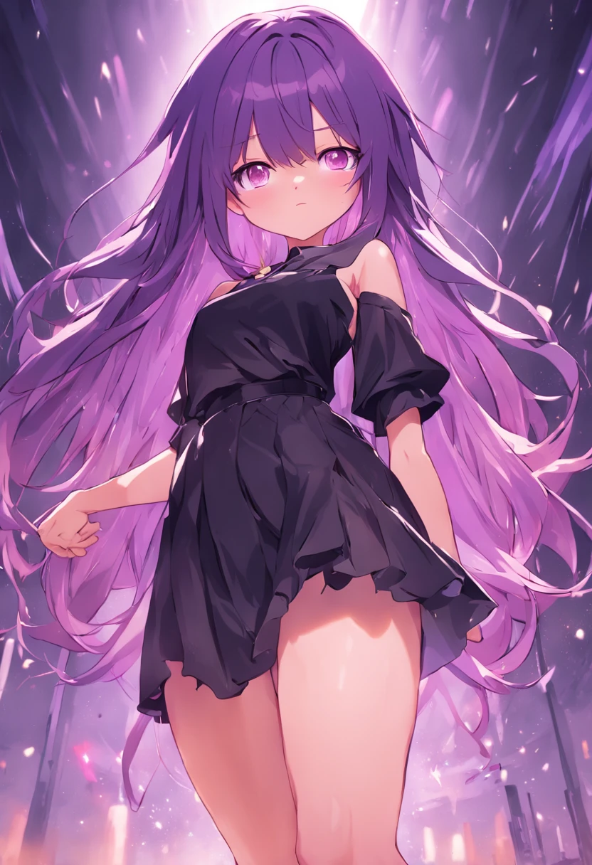 Highest quality、High resolution、masterpiece、Purple Hair、Brown eyes、Medium Hair、Wavy Hair、Black Tank Top、Big Breasts、girl with big breasts、Skin tight tank top、White mini skirt、Tight Skirt、A small smile、Are standing、(forest, Dawn, Speckled sunlight)、