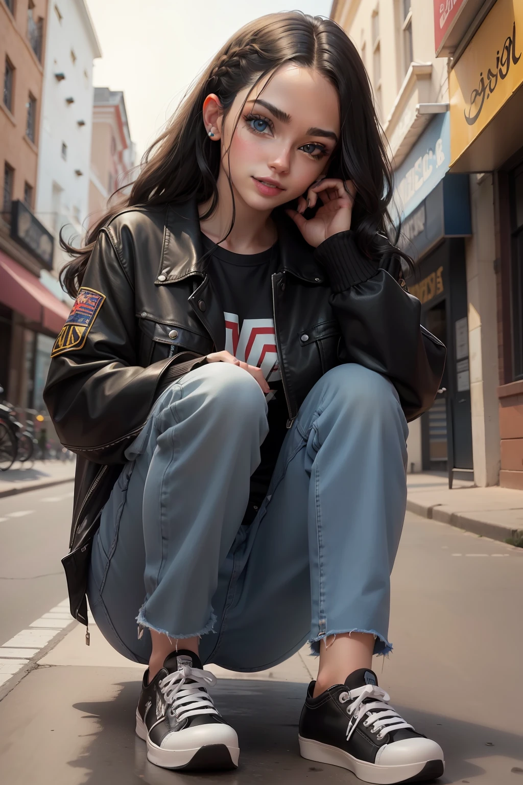 garota adolescente, norte-americana, pele branca, pale skin color, realistic blue eyes;, cabelo preto com fios azuis, vestindo uma jaqueta jeans dos anos 80, allstar preto, black jeans pants, with your hands in your pockets, arte realista, fullhd, extremamente detalhado, realista, rosto detalhado, olhos detalhados, boca detalhada, Detailed black allstar sneakers, sorriso no rosto detalhado, olhos azuis