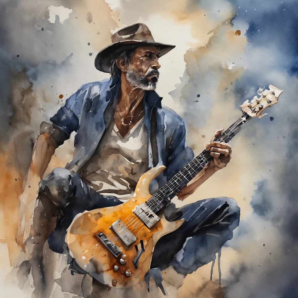 Two eletric guitarrists on a dead tree, A shadow shaped like a walker, Starry night, Thick fog on the ground, Blue light on the horizon, Unreal Engine 5, Cinematic, low angle photography, Motion blur, Depth of field, Dust, Cobblestones and dirt. Splash Art, dripping paint. Perfect color grading. Influenced by Karel Appel and Jeremy Mann, Full of dramatic and threatening scenes, Hyper-detailed, Beautiful, insanely details, Intricate details, editorial photography, shot with a 50mm lens, Depth of field, Tilt Blur, Shutter speed 1/1000, f/22. Lightmaps, Super bright
