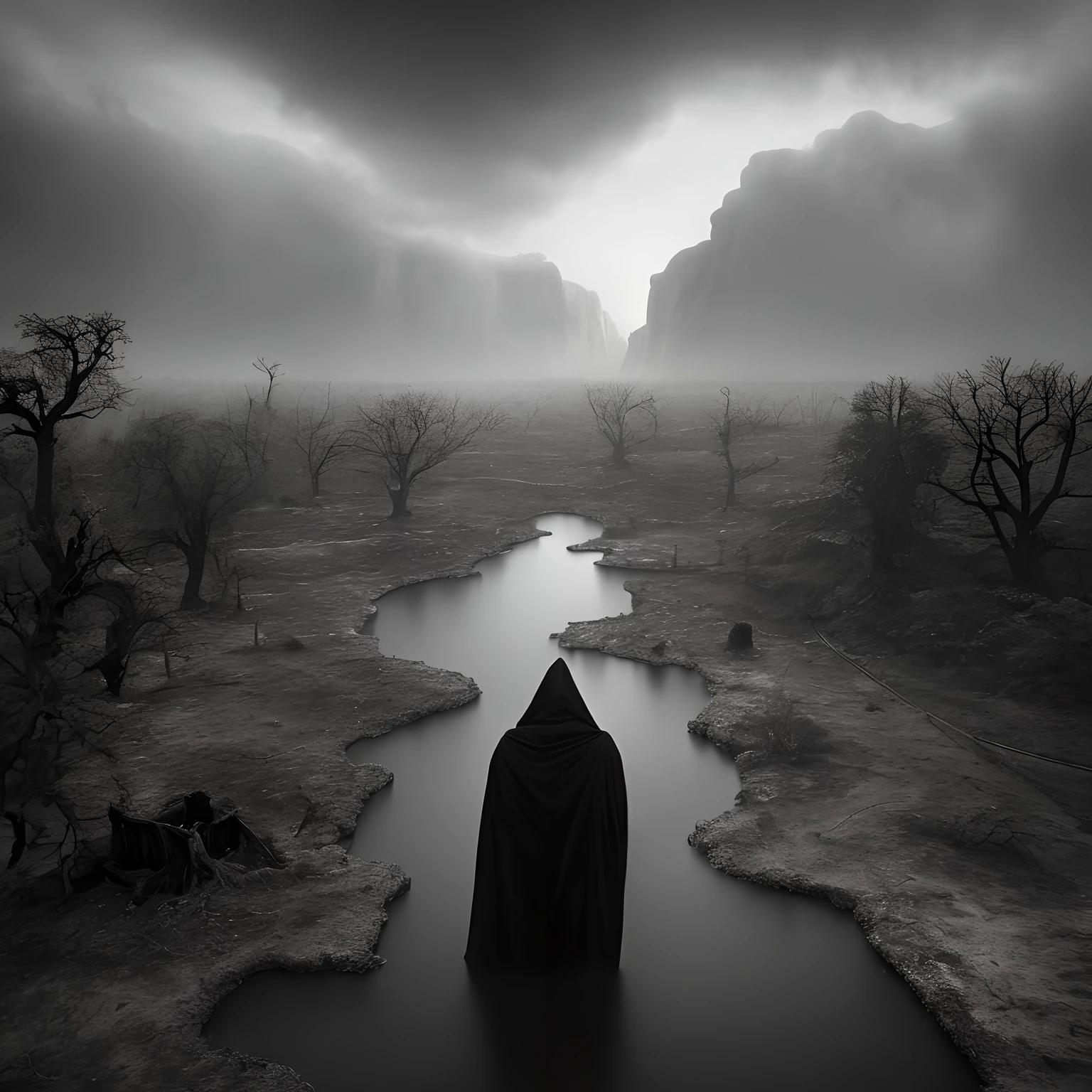 Create an image of the "Dark Abyss," the darkest place in the world. Visualize a horizon shrouded in dense black clouds, where occasional rays illuminate a desolate, gloomy landscape. As you get closer, you can see towering mountains covered in dead, gnarled vegetation. A black and sinister river meanders through the valley, emanating a nefarious mist that seems to swallow any light that dares to penetrate its path. Decrepit ruins of an ancient city are glimpsed in the distance, adding an air of mystery and melancholy to the site. The somber sounds of the wind howling through the gnarled trees echo around him, making his skin shiver. Feel the oppression of the place and the constant presence of something evil lurking in the shadows, ((masterpiece))
