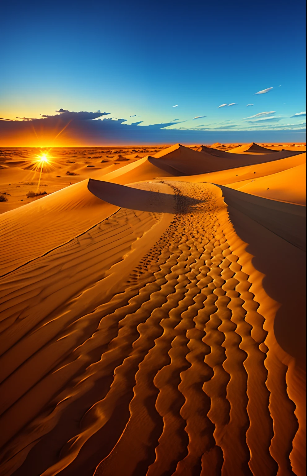 Crie um deserto com dunas de areia, With the sun in the sun with the beginning of beautiful and high quality twilight, with dromedary and caravans far away.