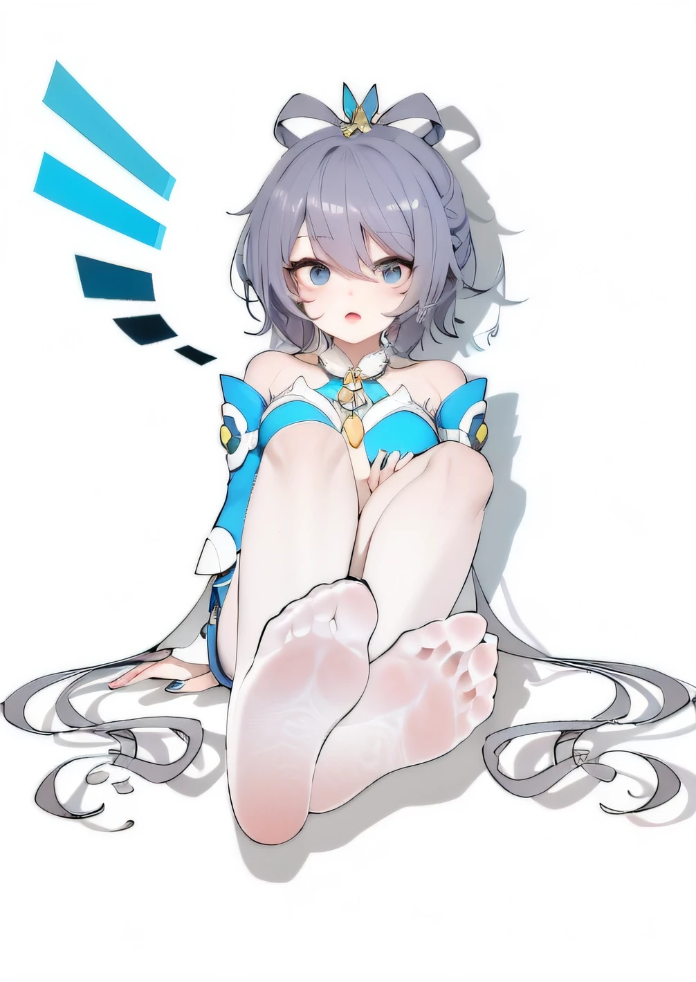 Barefoot, blue eyes, silver hair