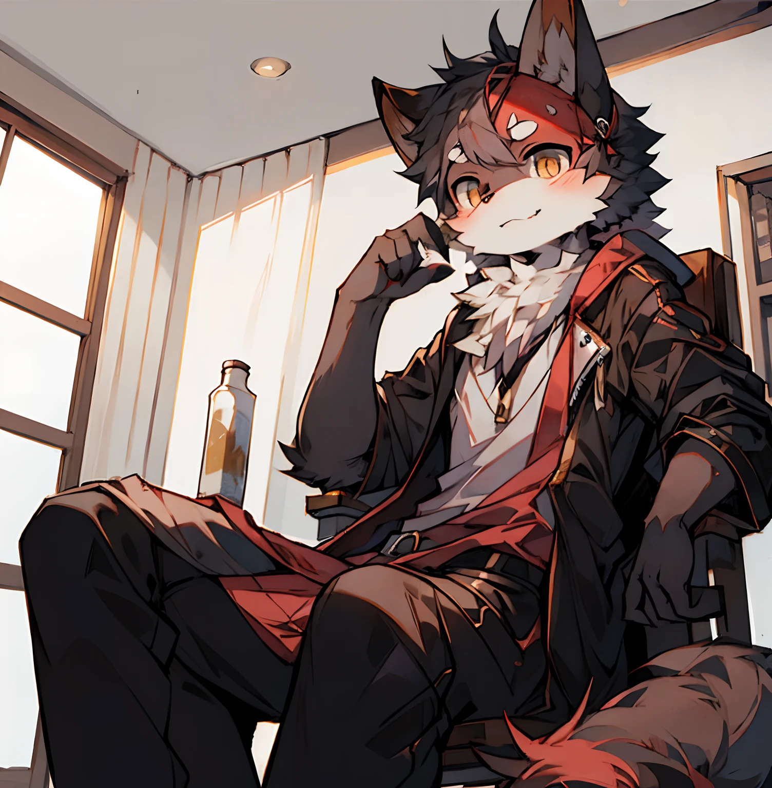 solo, kemono, femboy, orange and white hair, yellow eyes, wear red bow tie, wear black long sleeve shirt, wear black boxer, wear black and white stockings, blushes, right hand holding phone, left hand holding pen, stand in school, highschool background, daytime