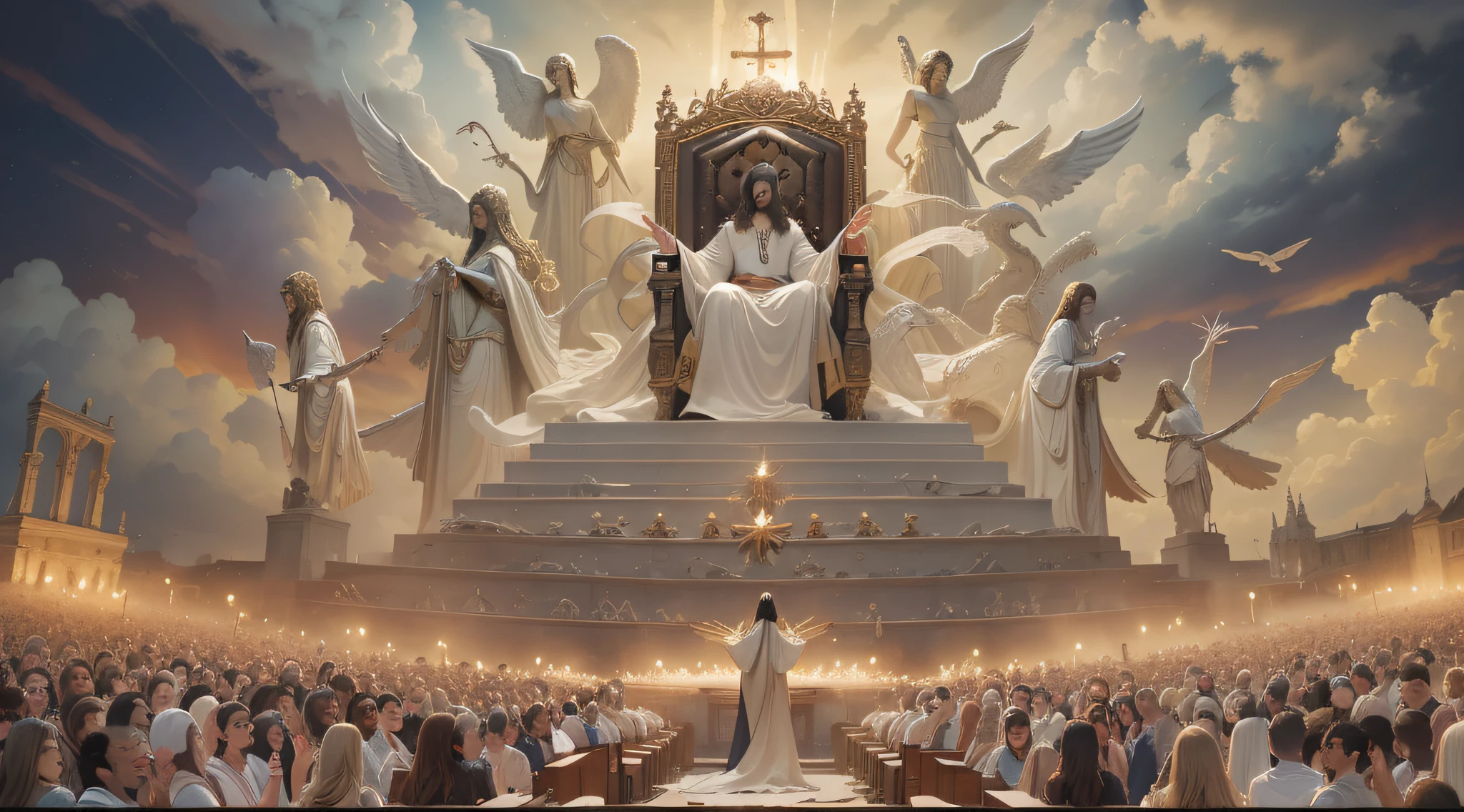A stunning image depicting the Doomsday scenario, conforme descrito em Apocalipse 20:11. ((O trono branco onde Jesus se senta se destaca na cena)), The throne of Jesus is full of glory, Before Jesus an immense multitude of people, Everyone is in the clouds, There is no heaven or earth, simbolizando a majestade divina. Powerful angels are present, solemnly watching the opening of the books, representing the records of each individual's actions. an untold crowd of people, aguardando seu destino eterno. The mood is one of reverence and awe before the divine justice that will be established.