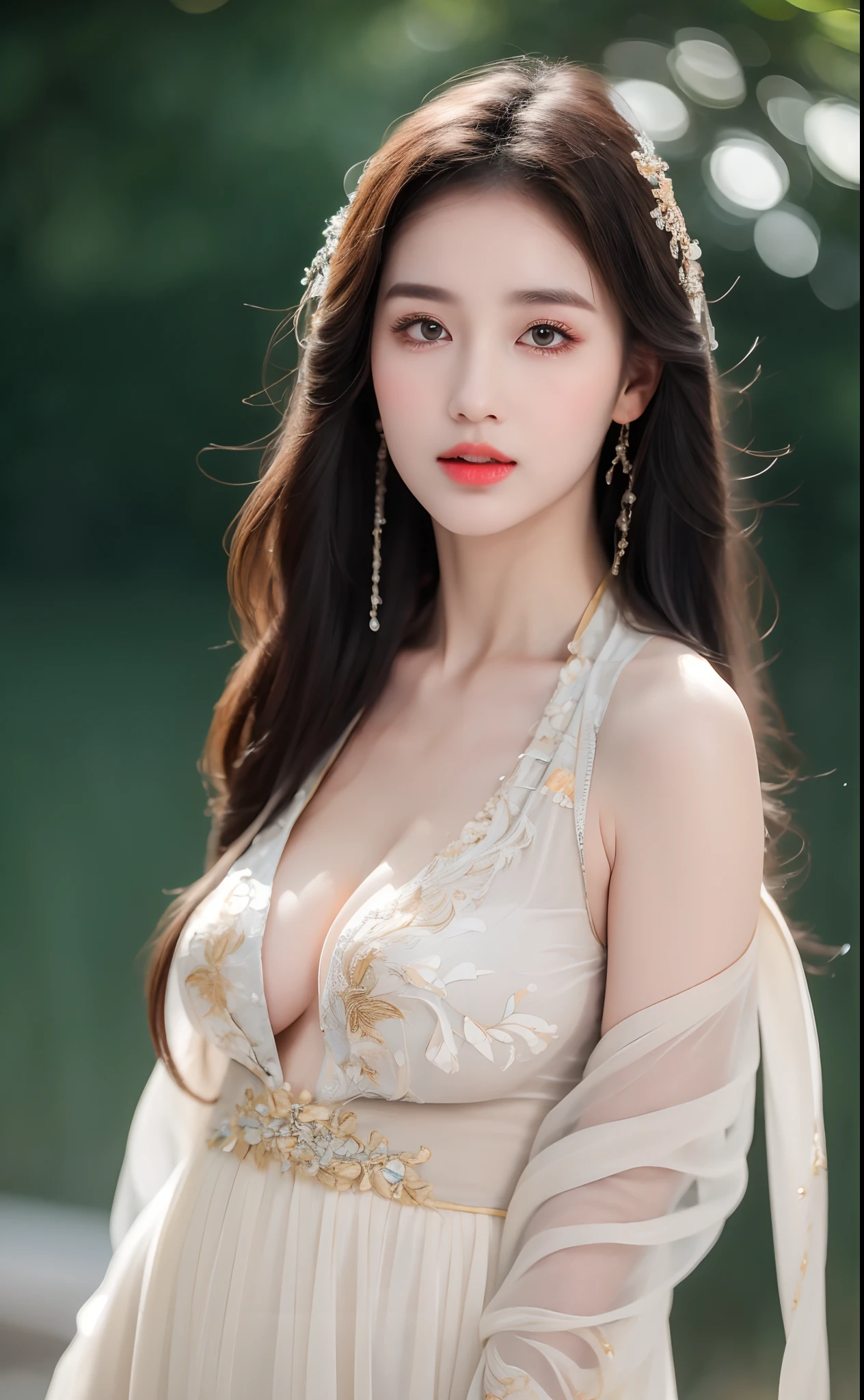 ((Best Quality, 8k, Masterpiece: 1.3)), Focus: 1.2, Perfect Body Beauty: 1.4, Buttocks: 1.2, ((Layered Haircut)), (Wet Clothes: 1.1), (Rain, Street:1.3), (Breasts: 1.2), (Hanfu: 1.2), Bare Shoulders, Bare Legs, Highly Detailed Face and Skin Texture, Fine Eyes, Double Eyelids, Whitened Skin, Long Hair, (Shut Up: 1.5), (Bokeh Background: 1.5), Big Breasts