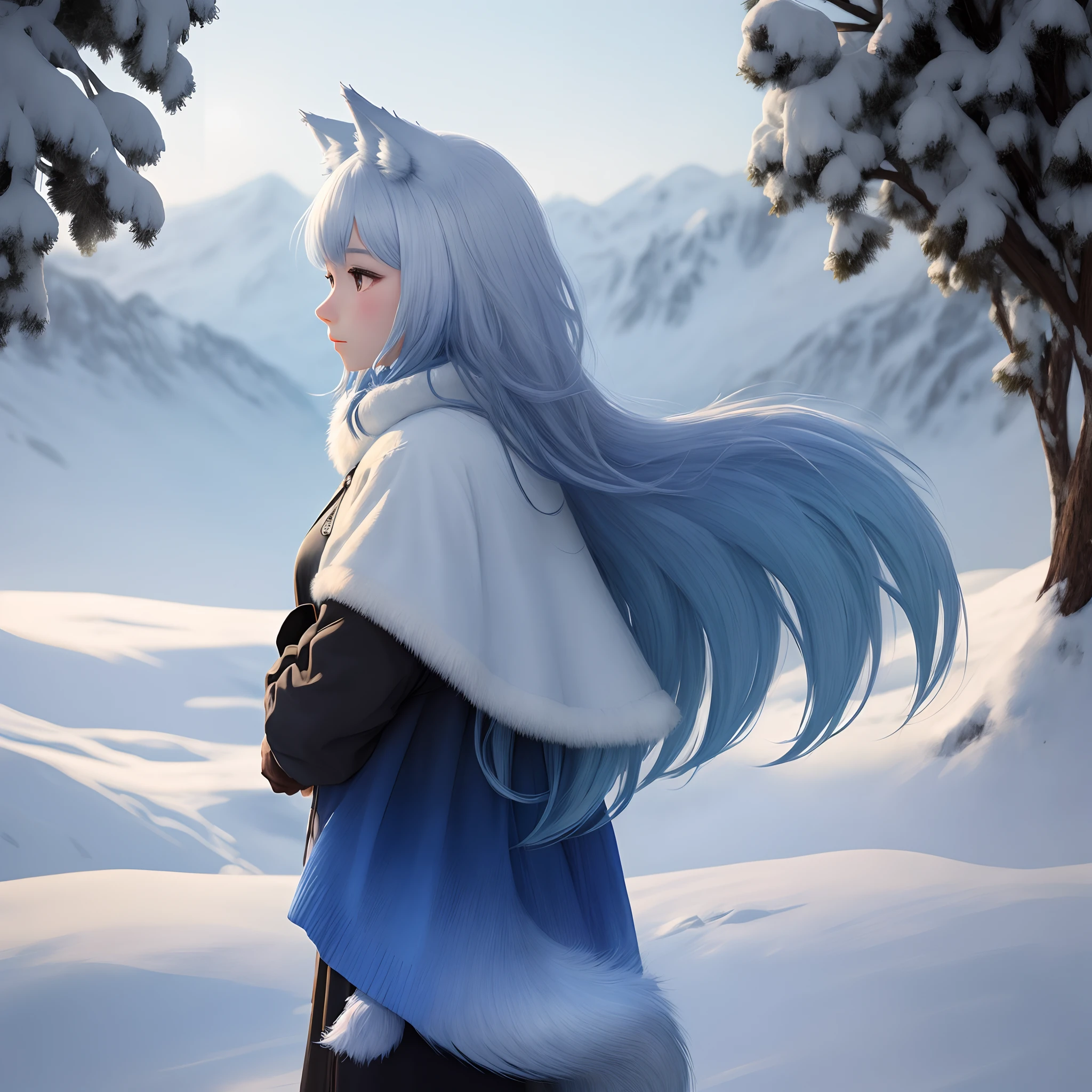 Wolf tail，Blue gradient to white，High cold girl