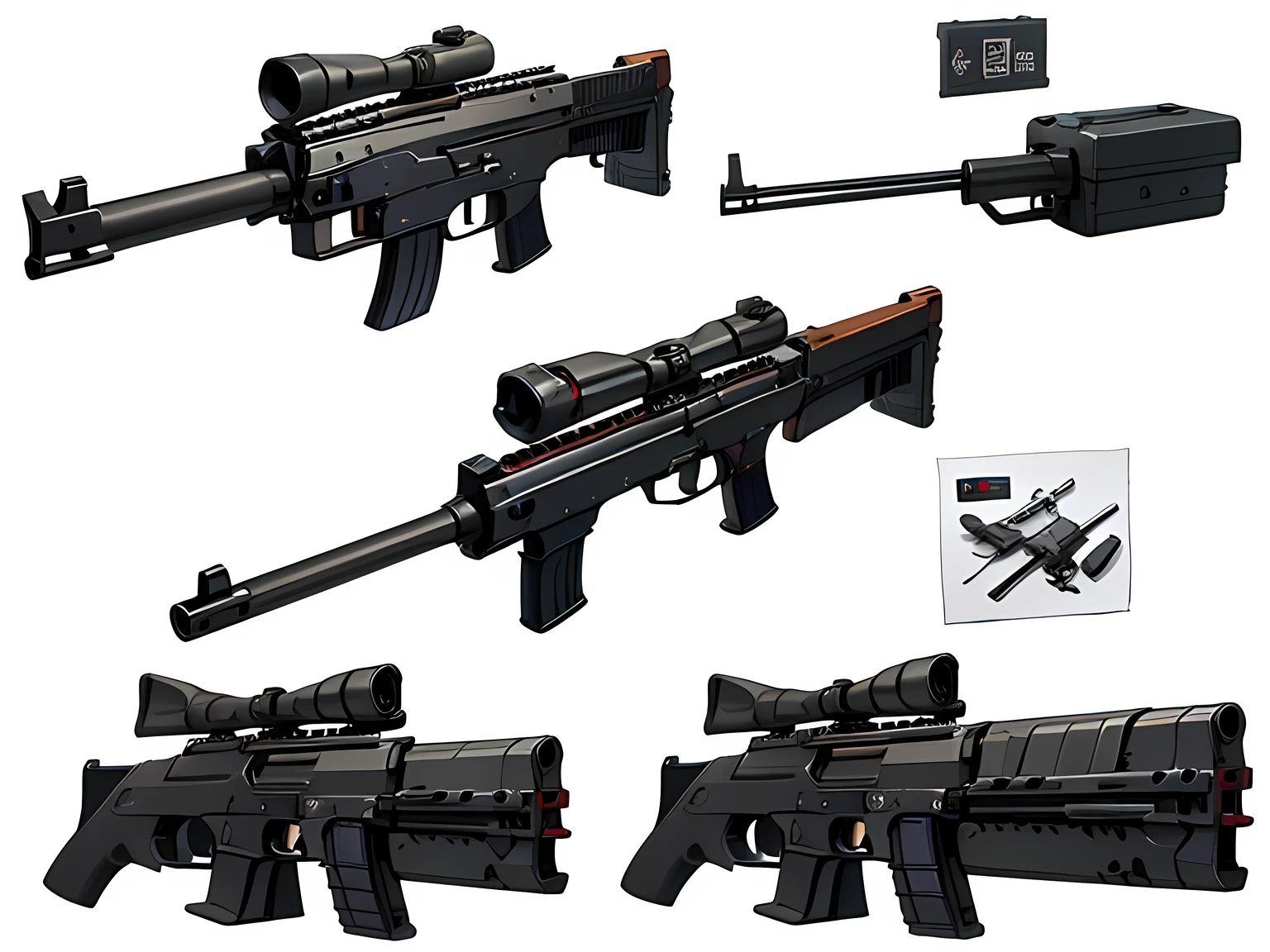 top-quality、​masterpiece、Concept sheet、Various angles、machine guns:1.5、rifle:1.5、intense colors、White background