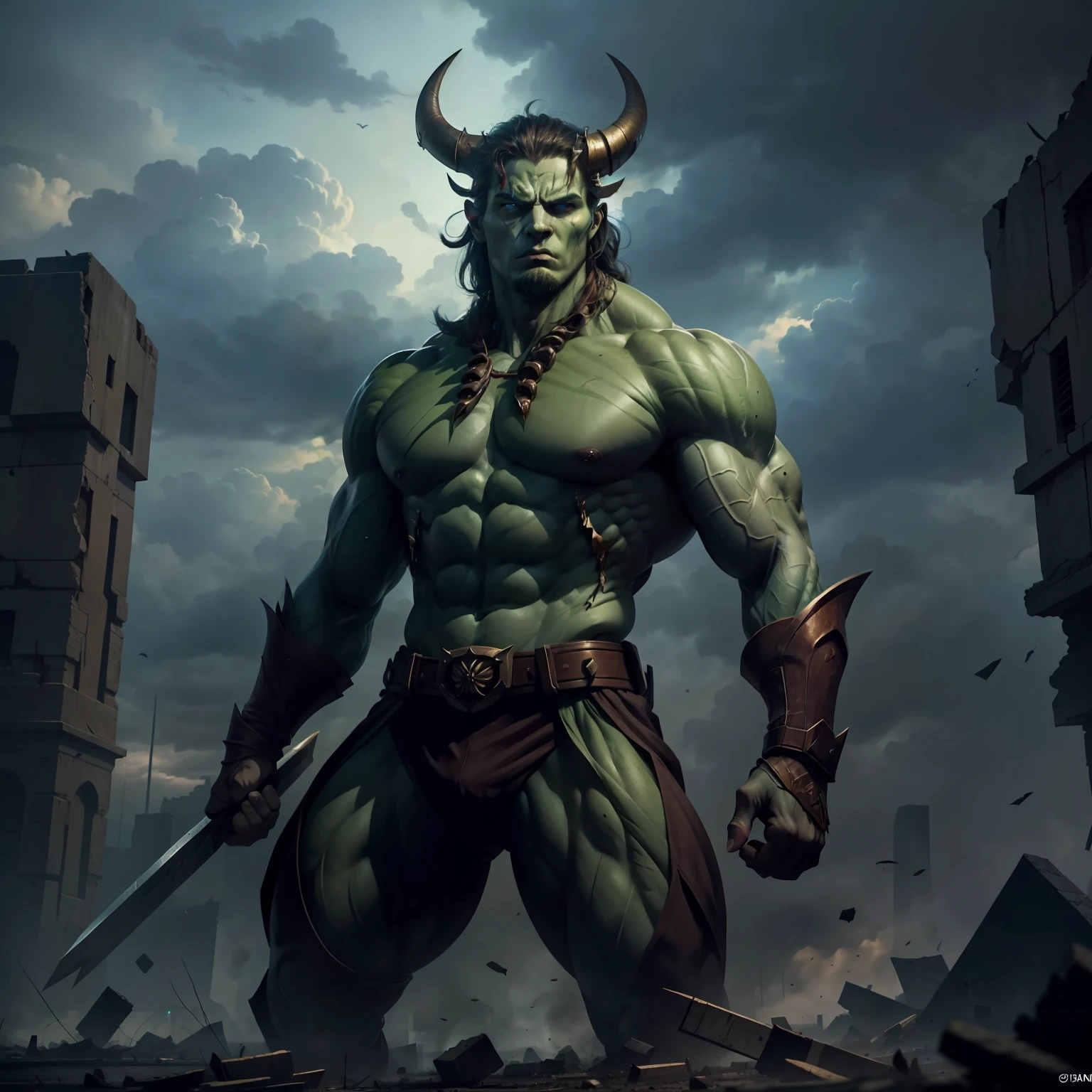 Image: A colossal Titan fills the scene with his intimidating presence. His immense and powerful musculature dominates the frame, emanating strength and determination. Her intense green skin contrasts with the gloomy surroundings.
The Titan is positioned centrally in the image, framed in an imposing manner. His majestic figure is displayed in all its glory, with defined and prominent muscles. His fierce eyes reflect his intensity and purpose.
The Titan's head, with a crest of wild hair, is shaped like an imposing eagle. Its features are striking, with a defiant expression and powerful curved horns. The Titan has robust hands and sharp claws, ready to take on any challenge.
The scenery around the Titan is a destroyed and desolate landscape. Debris and rubble of a ruined city are strewn across the environment, creating a powerful visual contrast to the towering figure of the Titan.
The dramatic lighting enhances the Titan's muscles, emphasizing its grandeur and power. The deep shadows add a touch of mystery and intensity to the scene.
Ensure that the Titan is completely framed in the image, without cuts that detract from its dominant presence. The composition of the image should highlight its magnitude and strength, conveying its impact and grandeur to the viewer.
