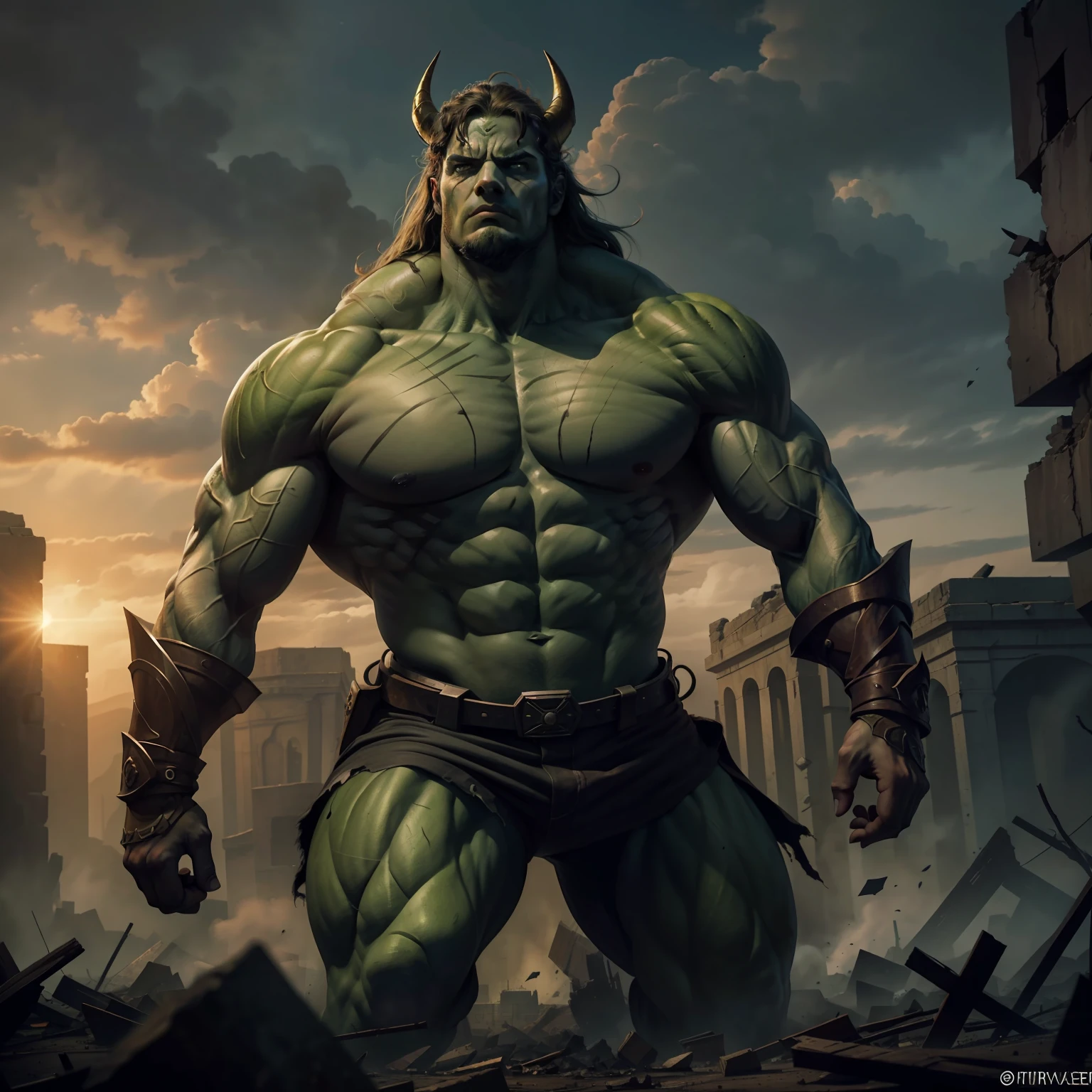 Image: A colossal Titan fills the scene with his intimidating presence. His immense and powerful musculature dominates the frame, emanating strength and determination. Her intense green skin contrasts with the gloomy surroundings.
The Titan is positioned centrally in the image, framed in an imposing manner. His majestic figure is displayed in all its glory, with defined and prominent muscles. His fierce eyes reflect his intensity and purpose.
The Titan's head, with a crest of wild hair, is shaped like an imposing eagle. Its features are striking, with a defiant expression and powerful curved horns. The Titan has robust hands and sharp claws, ready to take on any challenge.
The scenery around the Titan is a destroyed and desolate landscape. Debris and rubble of a ruined city are strewn across the environment, creating a powerful visual contrast to the towering figure of the Titan.
The dramatic lighting enhances the Titan's muscles, emphasizing its grandeur and power. The deep shadows add a touch of mystery and intensity to the scene.
Ensure that the Titan is completely framed in the image, without cuts that detract from its dominant presence. The composition of the image should highlight its magnitude and strength, conveying its impact and grandeur to the viewer.
