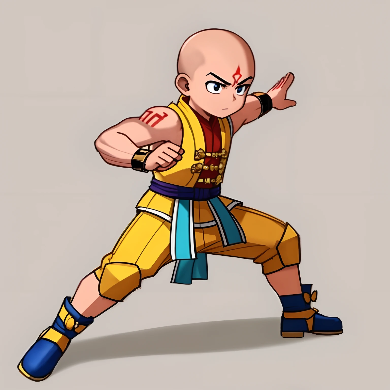 A small child，male people，bald-headed，monk，full body concept，Fighting posture，Fight，Hao Shaowen，Shi Xiaolong，Shaolin ???，full body concept，bald-headed，King of Fighters concept，Fairy Tail material，armor，mechs，Scripture tattoos，Sanskrit sashimi，Scripture tattoos，Master，Martial arts，Kungfu，k hd，8K，tmasterpiece，filigree，the detail，high high quality，high qulity
