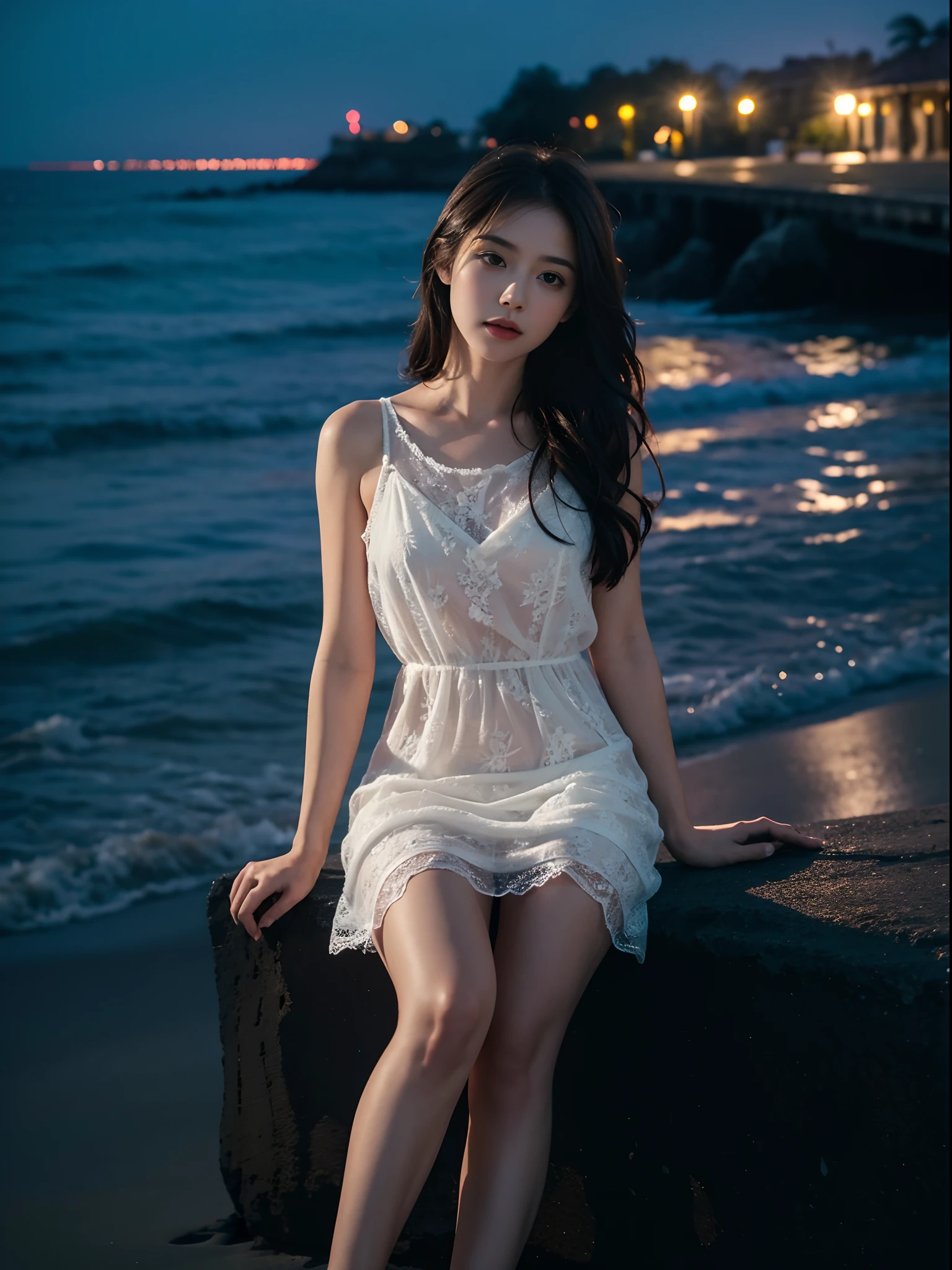 4K HD quality,Masterpiece, exaggerating scene details,Original Photo, (Realisticity: 1.4), 1girl, wearing a lace dress, night, Cinematic Lighting, sitting on the beach