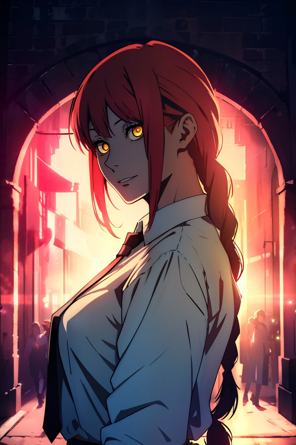 masterpiece, gorgeous, best quality, highres, 1girl, cute girl, red_haired, dangerous,vivid eyes,yellow eyes, alone, night, mesmering eyes, ((colorfull)), bangs, hair braid, scary smile, BREAK intimate, long braid, digital art, high details, modern, intricate, perfect face, traced lights, scary, (sensual), misteryous, BREAK (makima \(chainsaw man\), backlight, glowing eyes, artistic, wallpaper, black tie BREAK superior, braid,