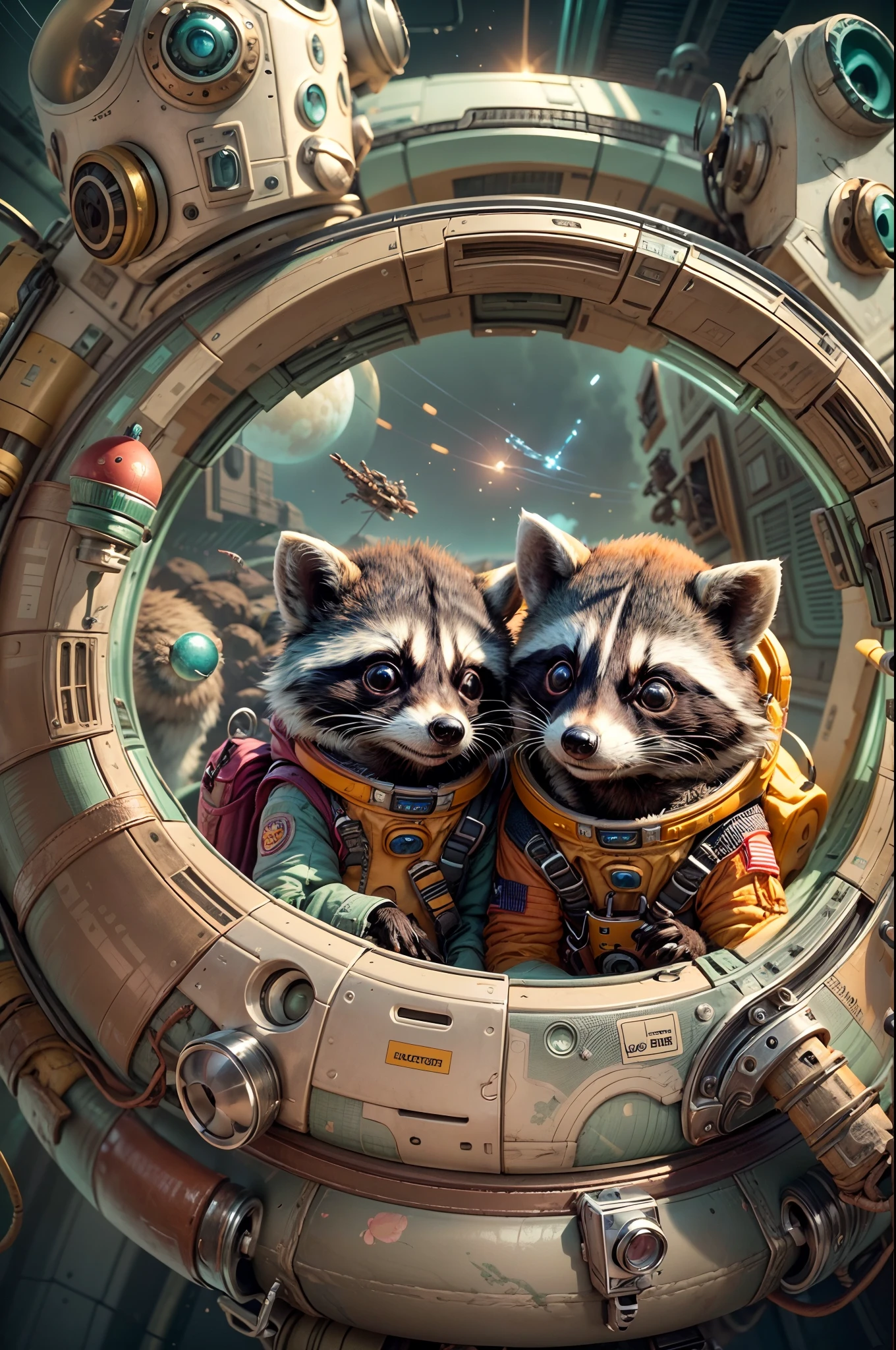 "Transport viewers to a whimsical and imaginative world where two adorable raccoons, each donning their own space suit, share a heartwarming embrace on an alien planet. Draw inspiration from the vibrant and playful style of Sony game studios to bring this scene to life.

Picture the raccoons with expressive eyes, conveying a sense of wonder and love. Their space suits should be sleek and futuristic, adorned with playful details like patches and insignias that reflect their personalities. Use a combination of vibrant colors and metallic finishes to give the suits a visually appealing sci-fi aesthetic.

Set the scene on a captivating alien planet, with curious flora and fauna that seem straight out of a dream. Imagine towering mushrooms, glowing plants, and whimsical creatures that add a touch of surrealism to the environment. Use bold, vivid colors to create a dynamic and immersive atmosphere that captures the magic of the alien world.

Highlight the connection between the raccoons by showcasing their embrace. Capture the tender moment as they hug each other, radiating a sense of love and camaraderie. Their facial expressions should convey a sense of pure joy and contentment, reinforcing the strength of their bond.

Consider adding subtle details that hint at the raccoons' adventure in space. Maybe they have small backpacks with tools or gadgets, or perhaps they're surrounded by remnants of their exploration, like a crashed spaceship or futuristic devices hidden amongst the alien scenery.

Incorporate a touch of Sony game studio's signature style, with attention to detail and a balance between realism and stylization. Aim to create a visually stunning image that sparks the viewer's imagination and leaves them longing for more of the story behind this adorable duo's intergalactic journey."