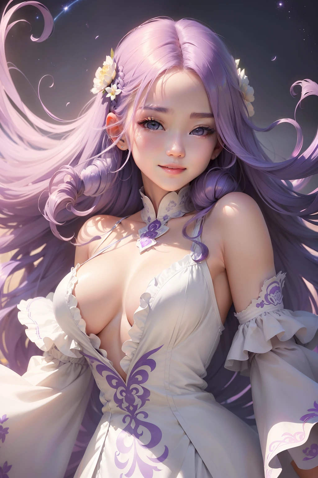 (((tmasterpiece)))、(((top-quality)))、((ultra - detailed))、(illustratio)、((Extremely Delicately Beautiful))、、Bright smile、Floating、Light purple hair、(Detailed light) (1girl in)、、独奏、long whitr hair、The wind is blowing、A WORLD、(Big chest)、((No clothes))