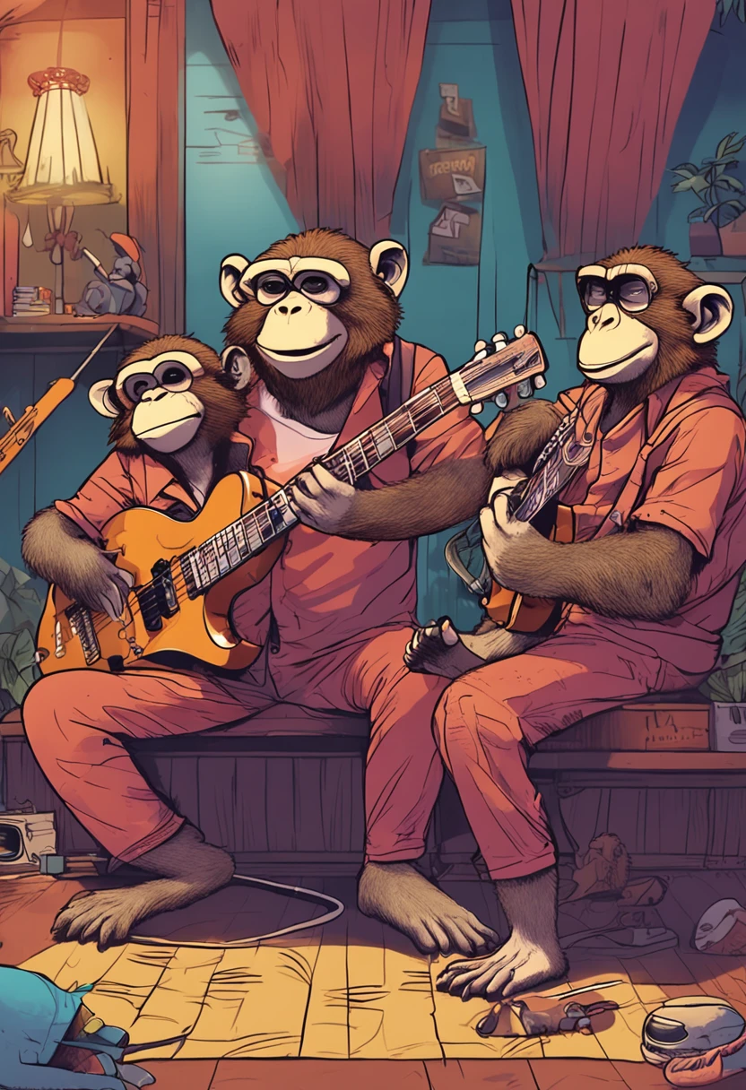 3 Blind monkeys playing in a band, first monkey plays guitar second monkey plays the drums third monkey plays the bass. anime style