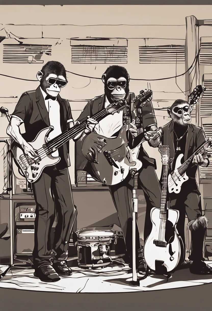 3 Blind monkeys playing in a band, first monkey plays guitar second monkey plays the drums third monkey plays the bass. anime style