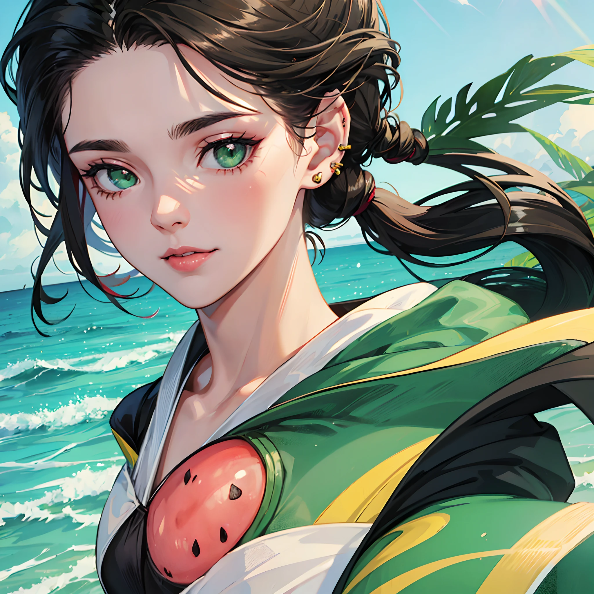 a girl face (close up), pony tail black hair, green eyes, wearing a water melon slice earring, sunshine ray on her face, 8k --auto