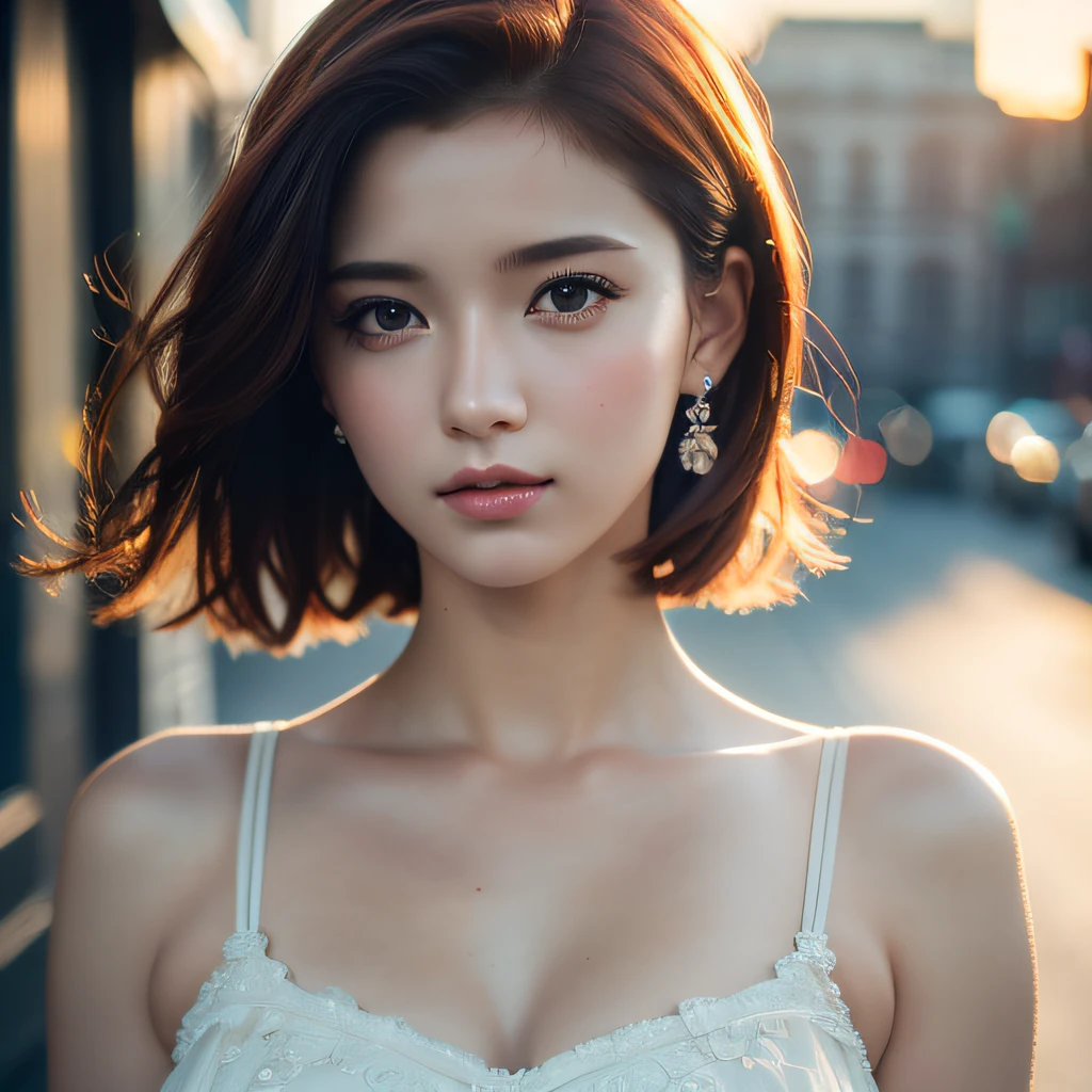 romantic style, professional portrait, 8k, street,sundown, ultrarealistic, portrait, undercut hair, dress, amazing body, pronounced feminine feature, (redhead:0.4), (photorealistic:1.3), (highest quality:1.3), (film grain:1.3), ( world's best photography:1.3), (detailed details:1.3), film photography, ( intricate details:1), (hyperdetailed:1), (((SFW)))