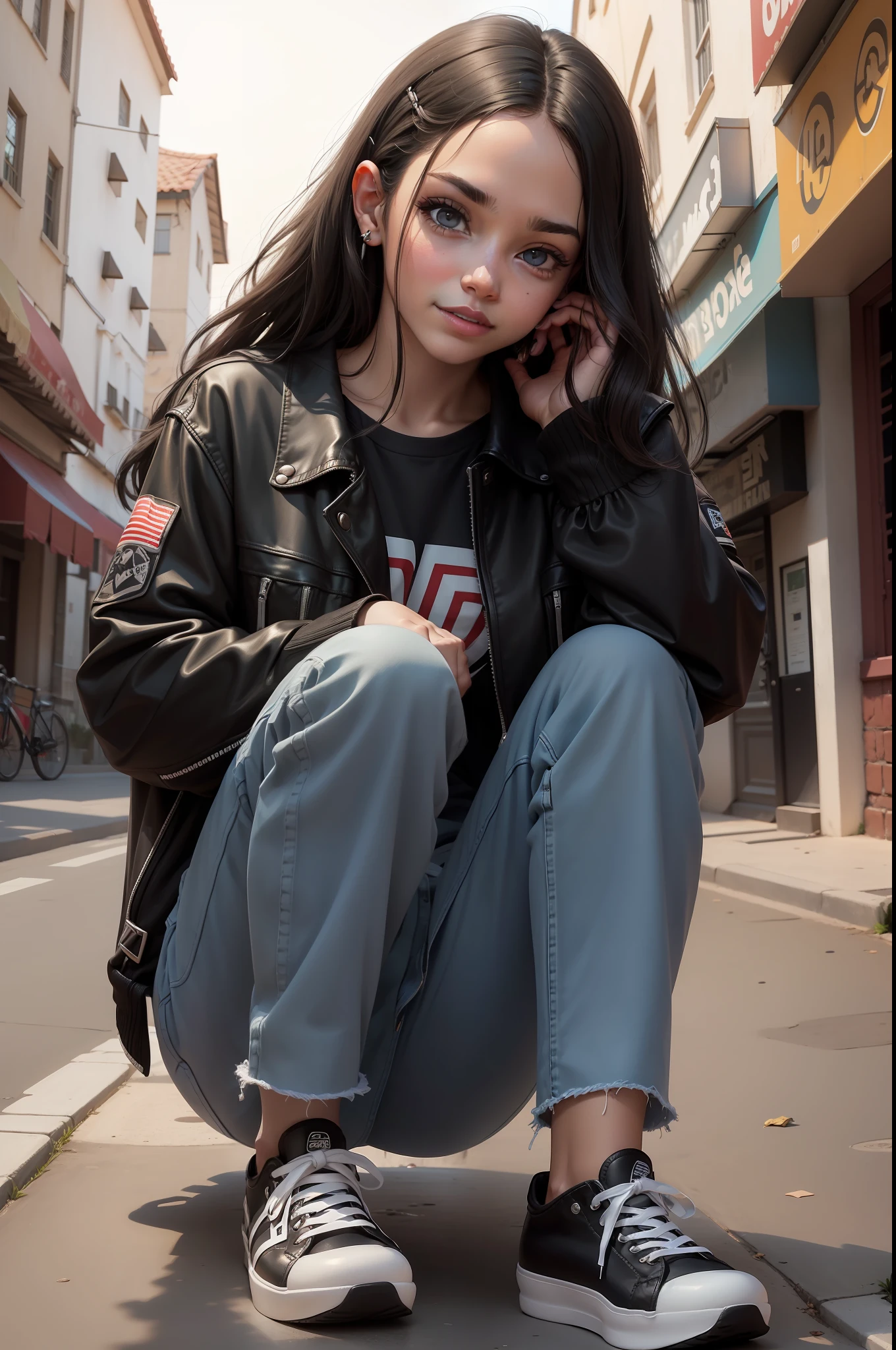 garota adolescente, norte-americana, pele branca, Skin Color Pale, olhos azuis realistas;, cabelo preto com fios azuis, vestindo uma jaqueta jeans dos anos 80, Allstar Preto, black jeans pants, with your hands in your pockets, Arte realista, FullHD, extremamente detalhado, realista, rosto detalhado, olhos detalhados, boca detalhada, Detailed black allstar sneakers, sorriso no rosto detalhado, olhos azuis, olhos realistas, olhos extremamente detalhados, eyes without deformations, olhos normais